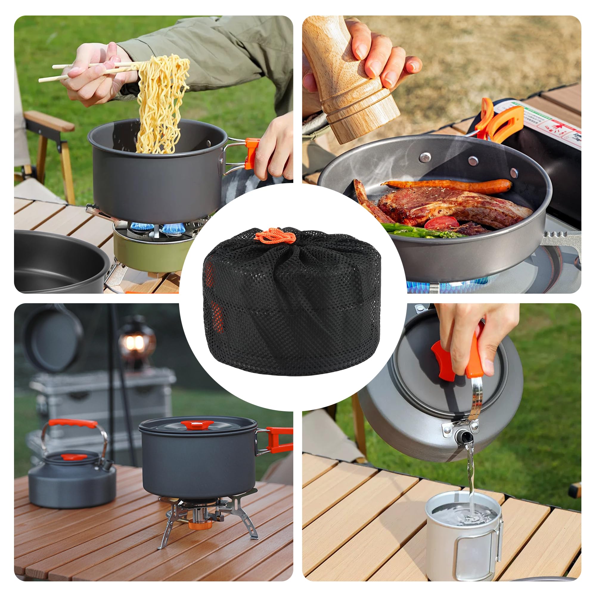 10 PCS Campeggio Pentole Utensili Set, Stoviglie da Campeggio con Pentola Padella Tazza Posate Pieghevoli e Sacchetti per Outdoor Utensili da Cucina da Campeggio