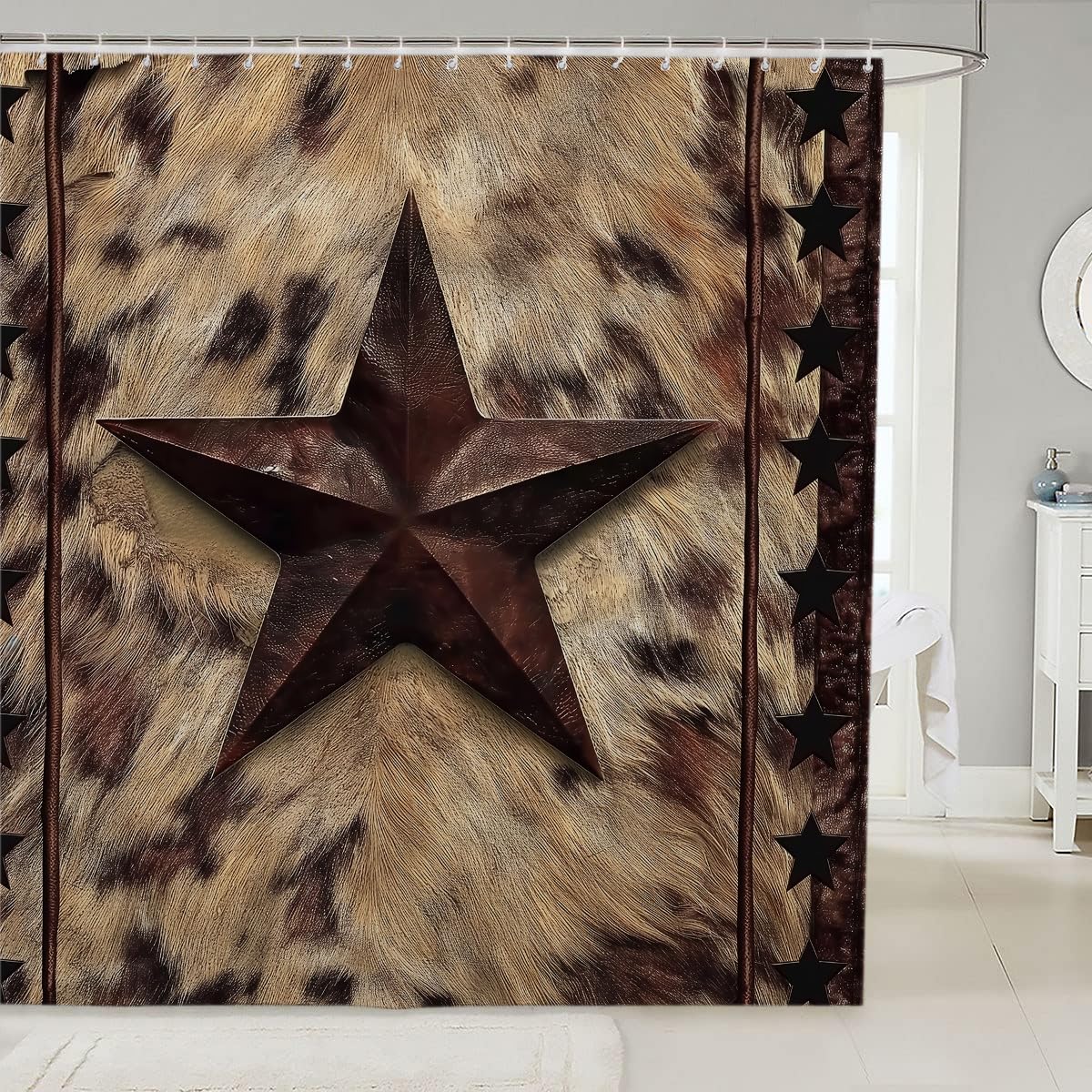 18TH CROZY Cowhide Shower Curtain for Bathroom Star Fur Highland Cow Animal Skin Printed Waterproof Fabric Shower Curtain for Bathroom Home Decoration Shower Curtain Set for Bathroom 70 x 70 Inch