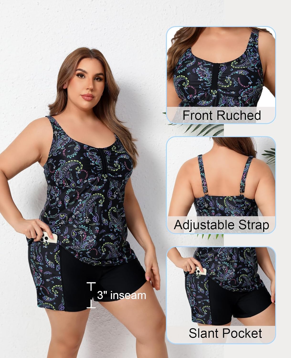 Halcurt Women's Plus Size Two Piece Tankini Swimsuit with Pockets Tummy Control Bathing Suit with Boy Shorts - Image 5