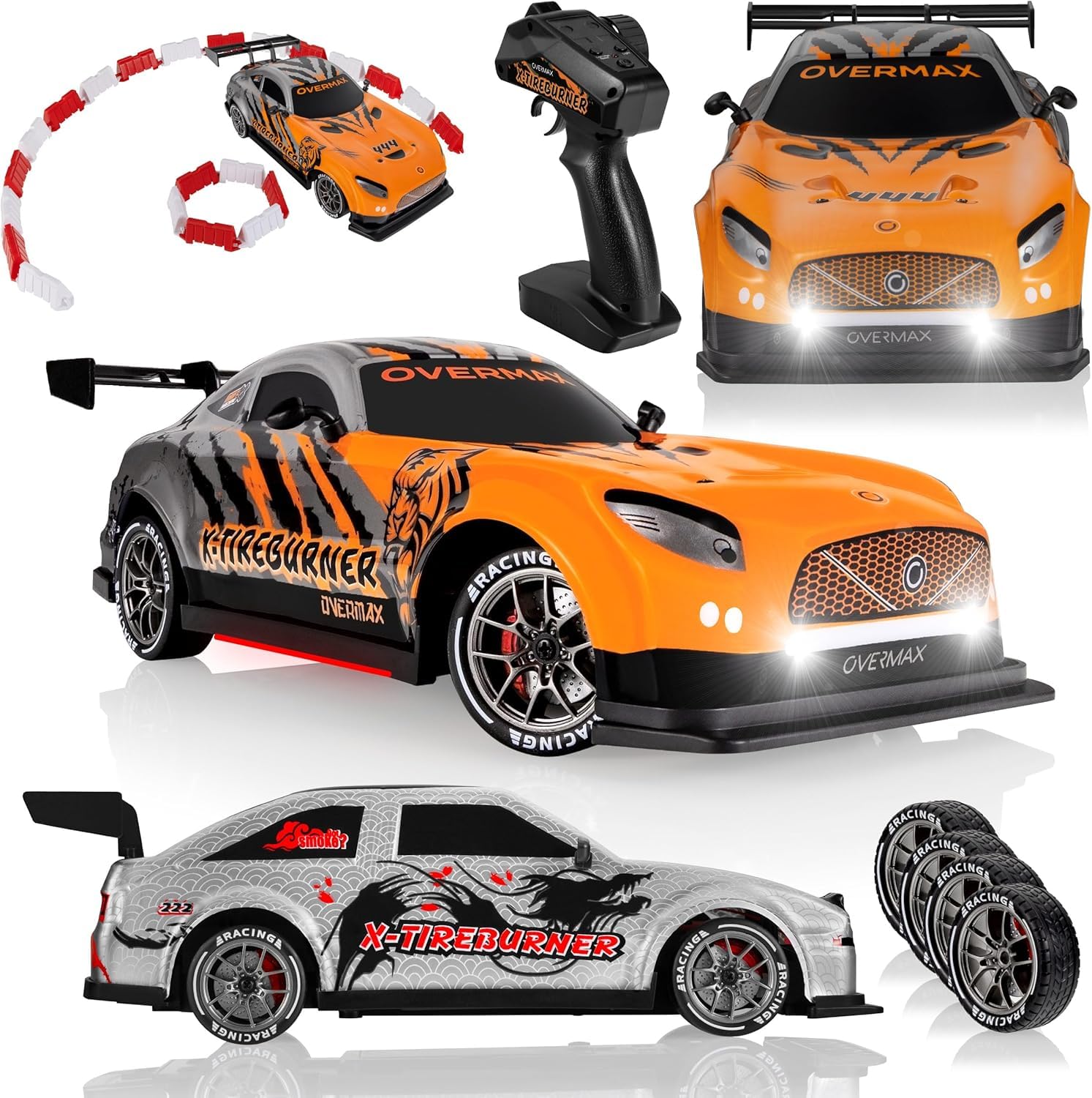 Overmax X-TIREBURNER Macchina Radiocomandata RC per Drift, Macchina Telecomandata per Bambini 8+, 1:16, 20 km/h Portata fino a 80 m, 4WD, 2 Batterie 500 mAh Set di Ruote e Ostacoli Scocca Accessoria