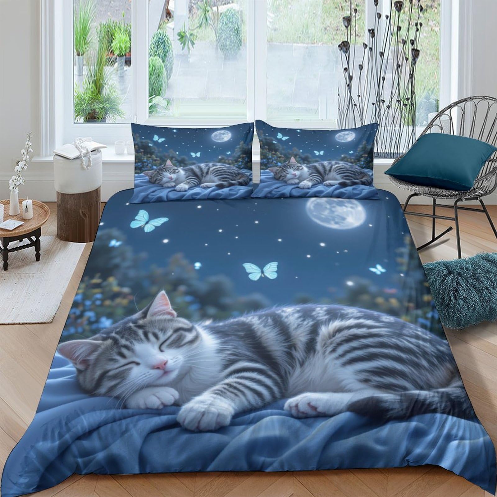 Ctjqhvkz Style-2 3D Printed Moonlit Cat Fitted Sheet Microfiber Soft Blue Twilight Butterfly Mattress Cover Bedroom Decor Single（135X200cm）