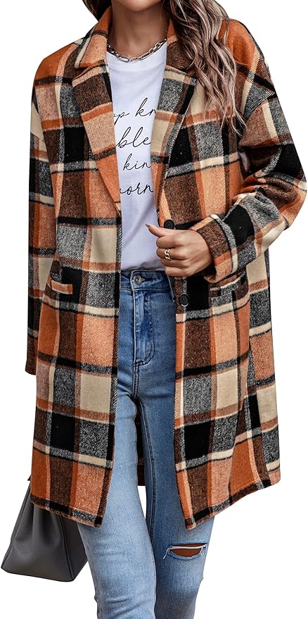 PRETTYGARDEN Women Plaid Shacket Jacket Trendy Fall Casual Button Wool Blend Tartan Trench Coat Winter Clothing with Pockets