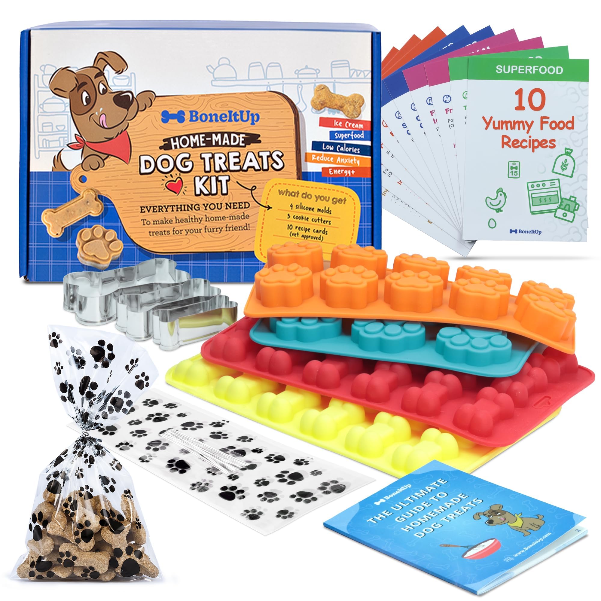 BoneItUp Juego de golosinas caseras para perros, moldes de silicona, cortadores de galletas con recetas saludables aprobadas por veterinarios, golosinas para cachorros con patas y huesos, bandejas de