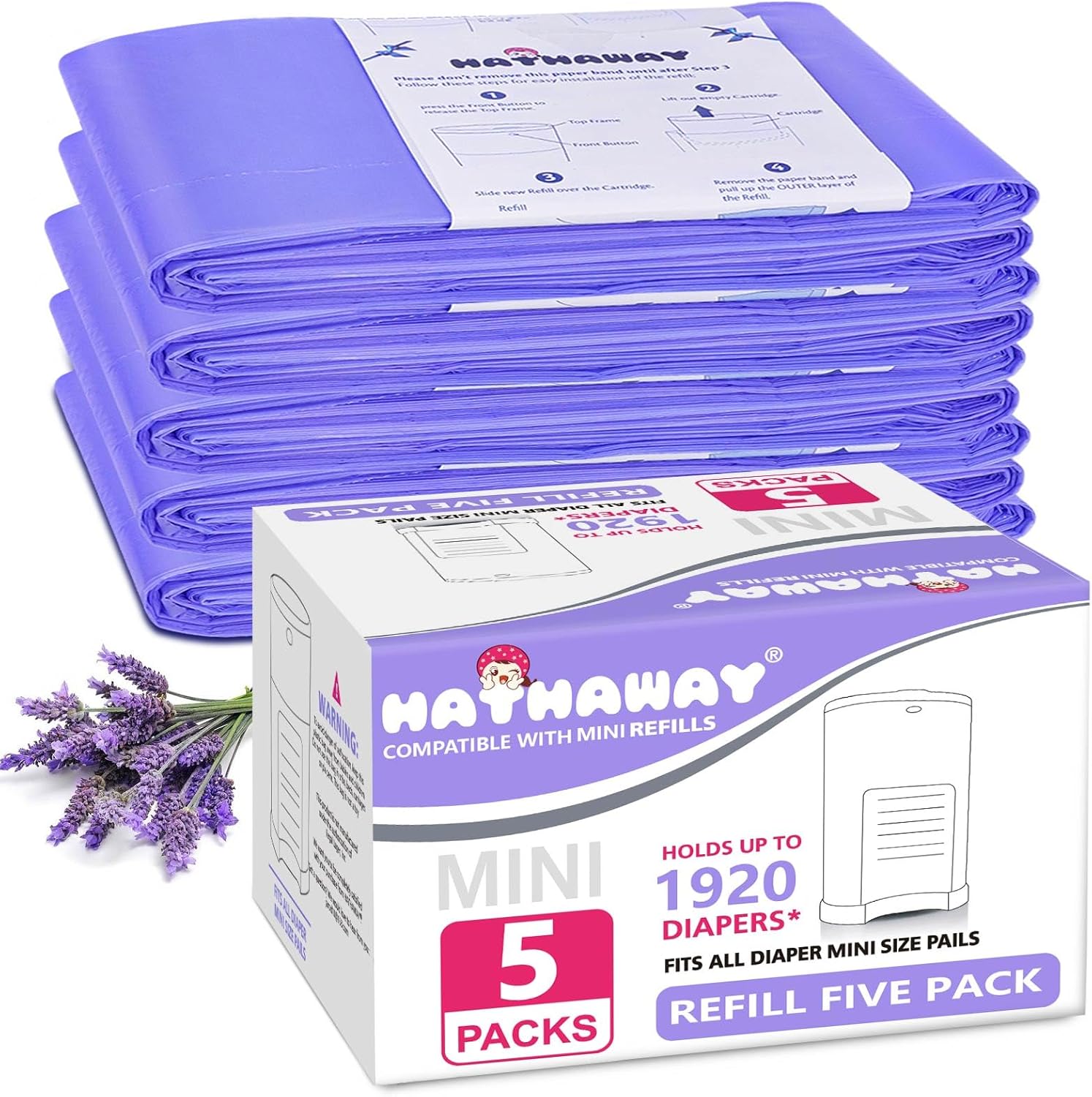 Diaper Pail Refill Bags Compatible With Dekor Mini Diaper Pail, Extra 30% Length, Lavender Scent, 5 Pack