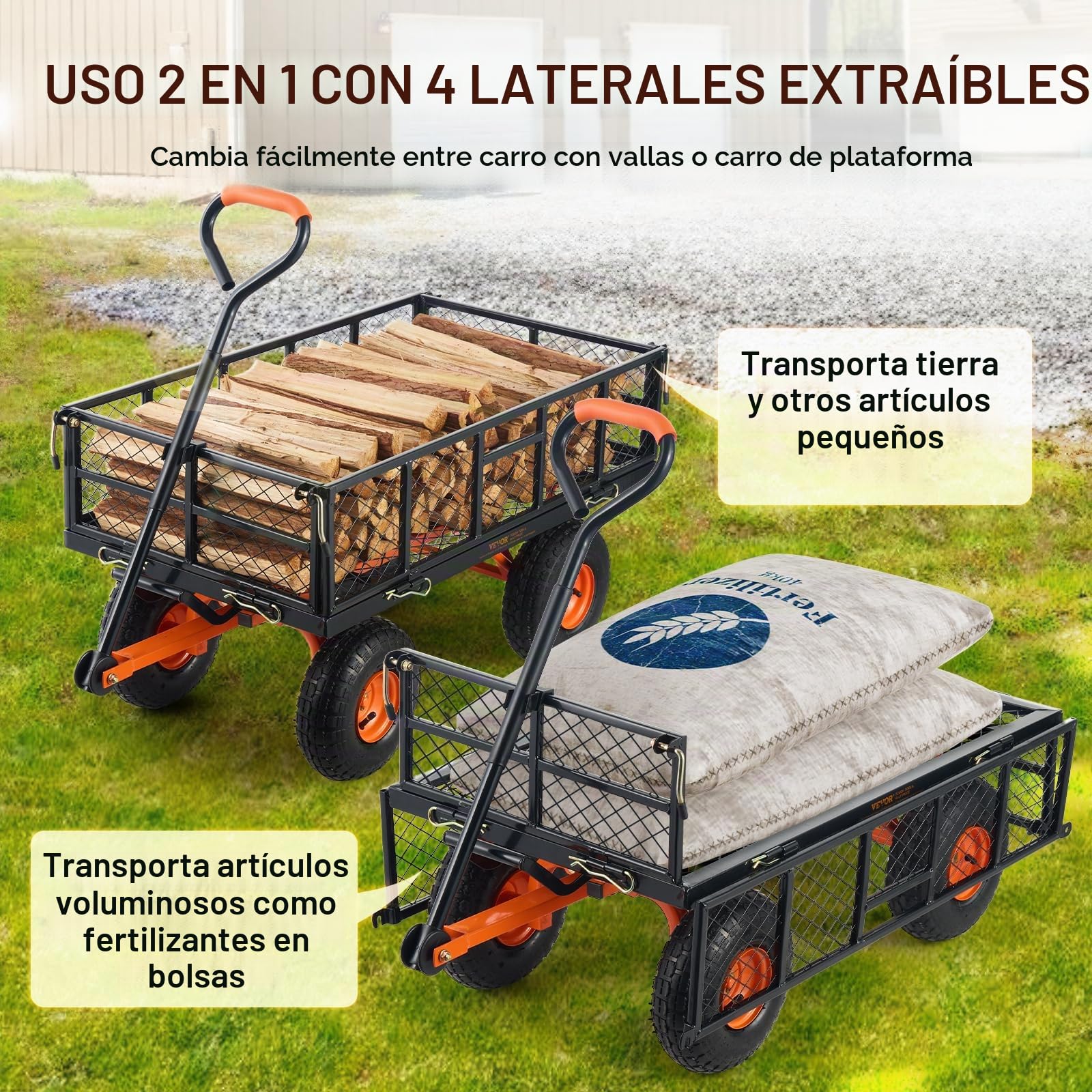 VEVOR Carro Volquete de Metal para Jardín con Marco de Acero Fácil de Montar, 2 en 1 Carro Volquete con Mango Convertible con Neumáticos de 255 mm, 181 kg de Gran Capacidad para Jardín, Patio