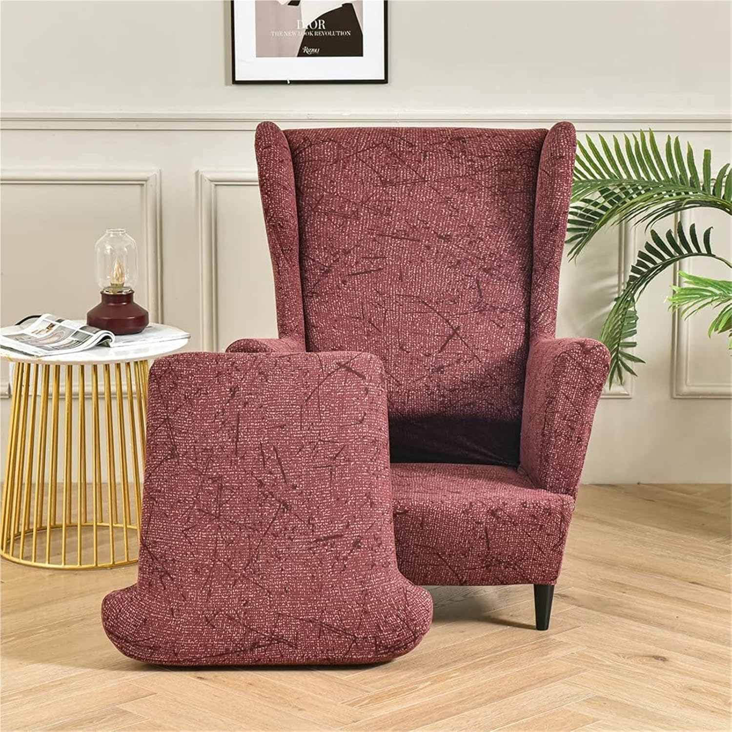 Wingback Chair Cover Stretch Elastic Sofa Slipcover Spandex Fabric Wing Slipcovers 1 Set Washable Printing Soft Armchair Couch Covers Seater Furniture Protector for Living Room(Red)