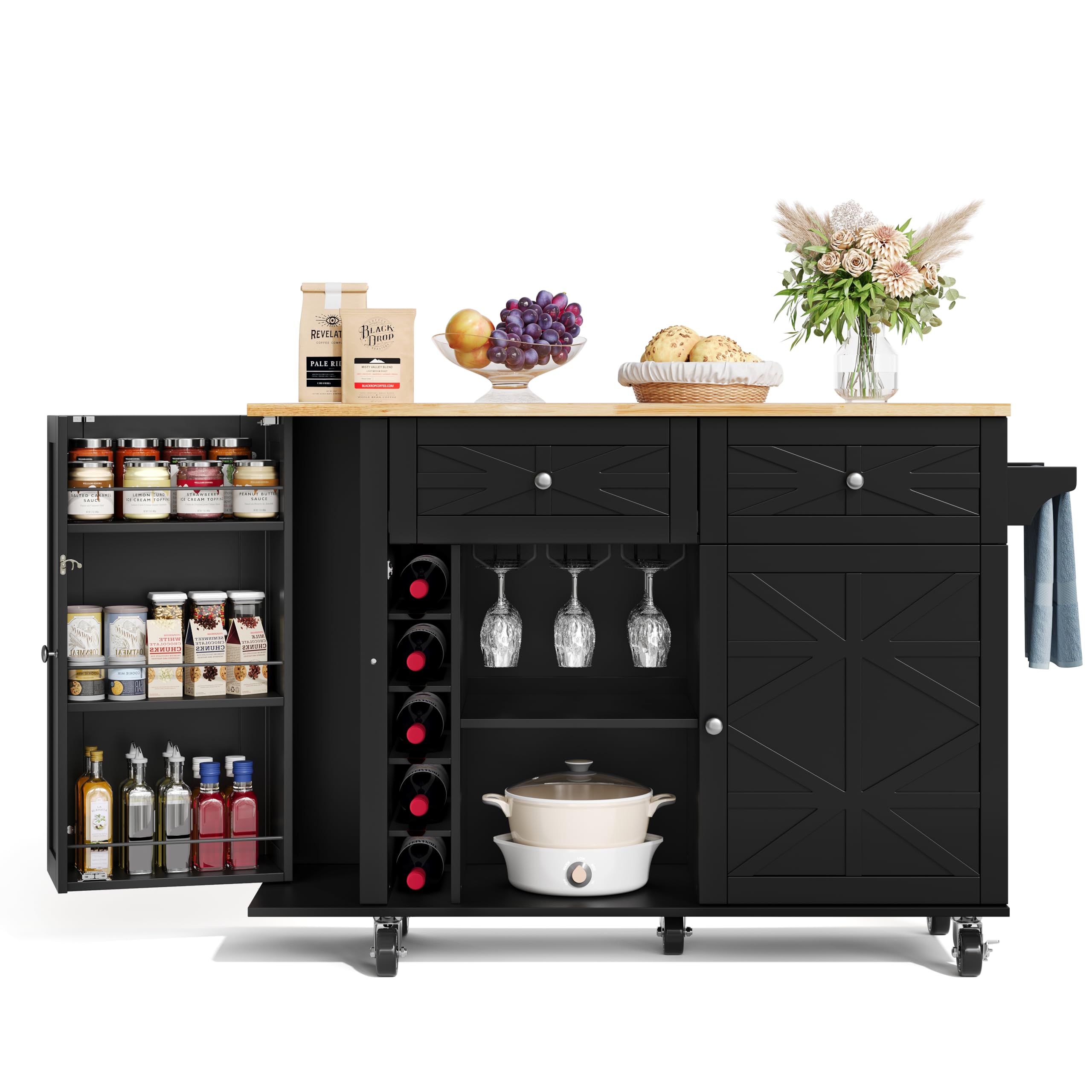 Generisch Isla de cocina plegable con ruedas, espacio de almacenamiento, color negro, 120 x 70 x 89 cm