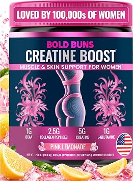 Bold Buns Creatine for Women Supplement with Collagen & BCAA Supports Muscle Development, Post-Workout Recovery, Skin Elasticity, Healthy Hair & Nail 30 Servings, Pink Lemonade