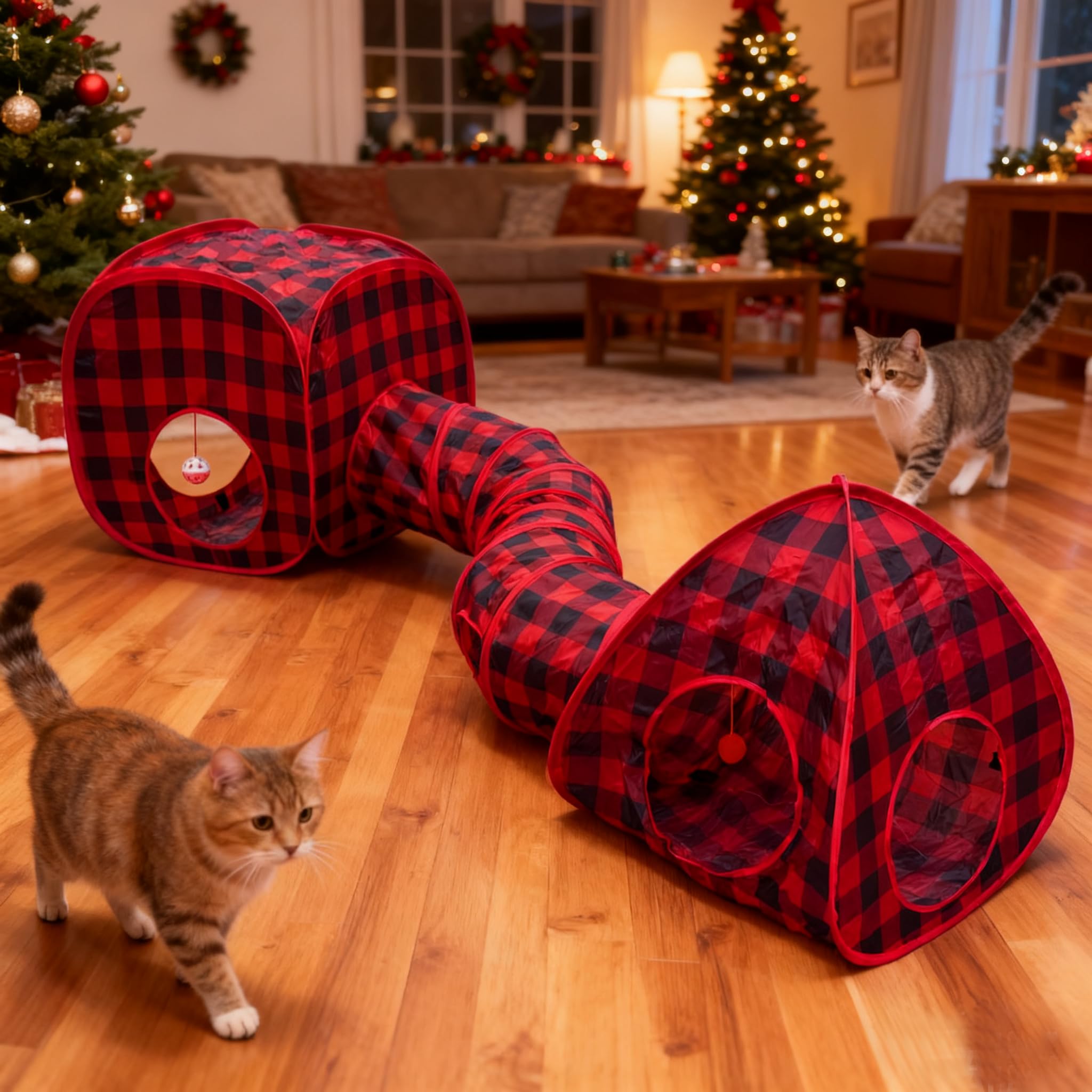 Cat Tunnels for Indoor Cats with Cube Tent Toys Combo, Interactive Collapsible Tent for Hiding Hunting and Resting, Pet Tube with Toy Bell for Kitten,