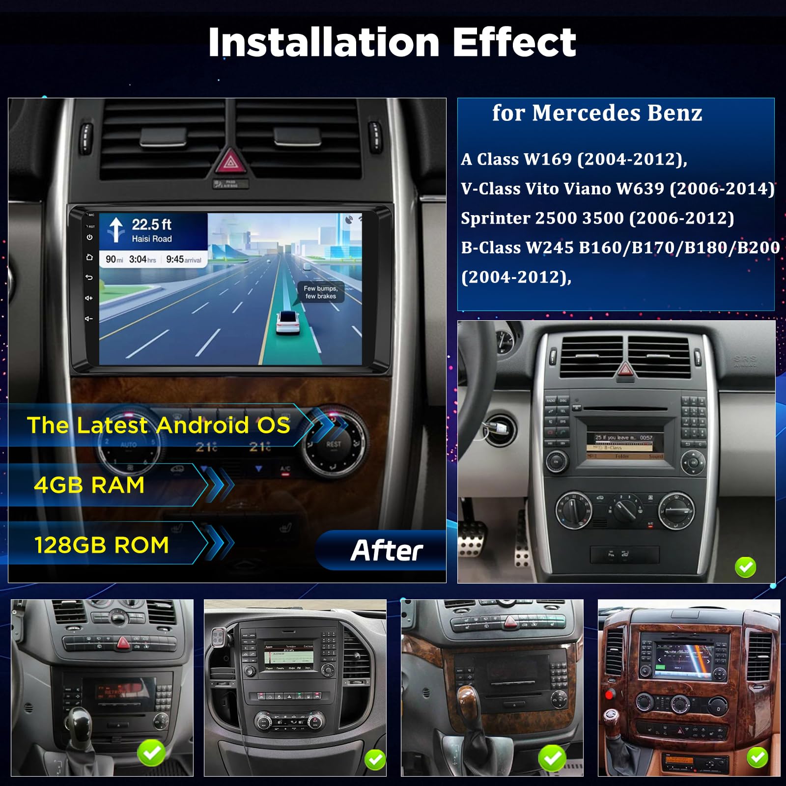 4+128GB Autoradio Android per Mercedes Benz Classe A/B/V & Sprinter Vito Viano, CarPlay Android Auto wireless, Navigazione GPS WiFi Bluetooth USB Touchscreen Radio + Telecamera Posteriore