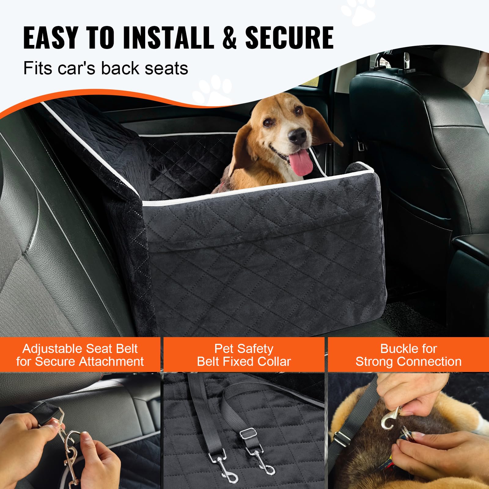 VEVOR Dog Car Seat Booster Seat with High Back, Storage Pocket, Clip-On Safety Leash, PP Cotton Filling, Car Bed for Small Dogs up to 20lbs, Dark Gray — view 4