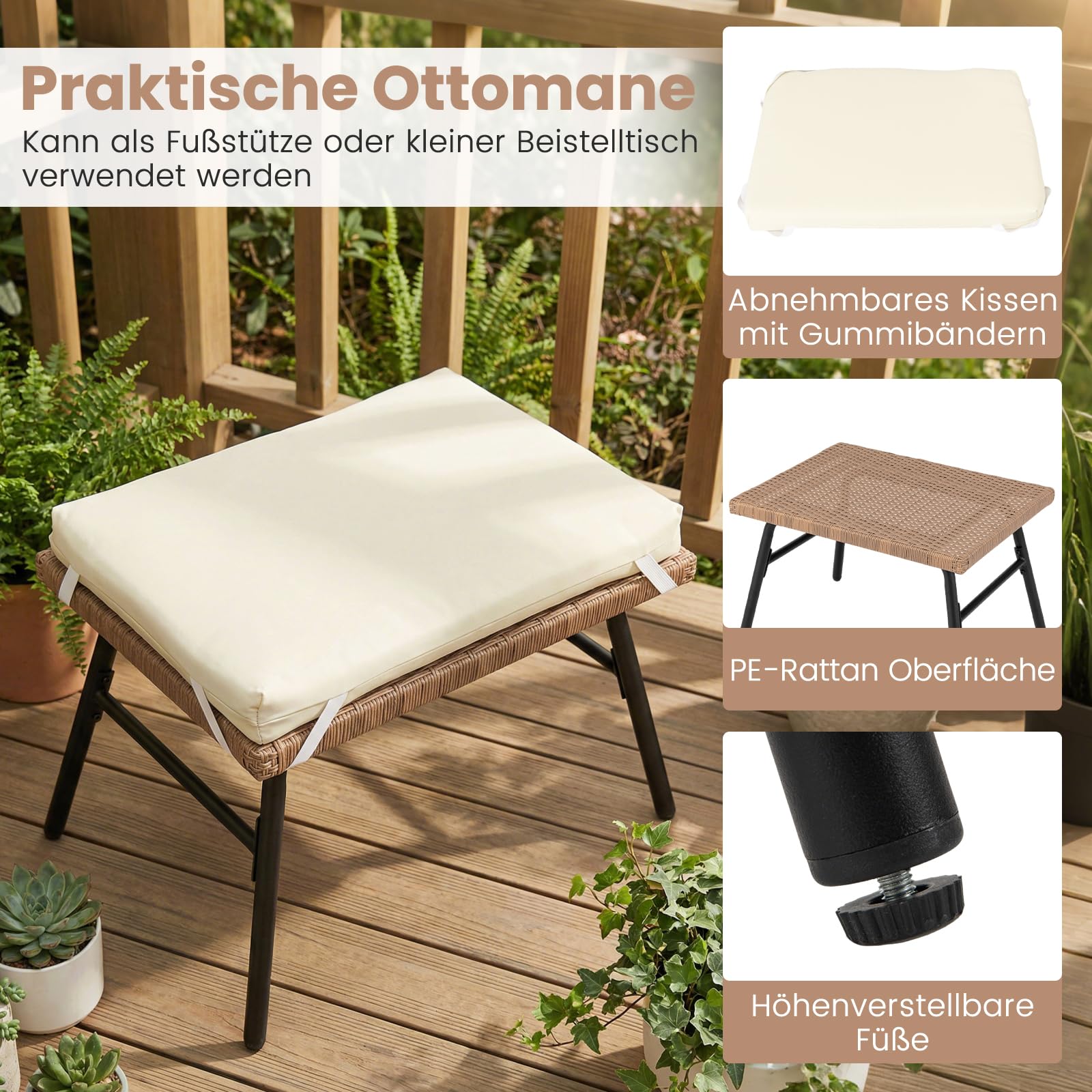 COSTWAY Korbsessel Rattan mit Hocker, Gartensessel mit Kissen und Metallgestell, Rattansessel, Loungesessel für Balkon, Garten, Wohnzimmer, Terrasse, Beige