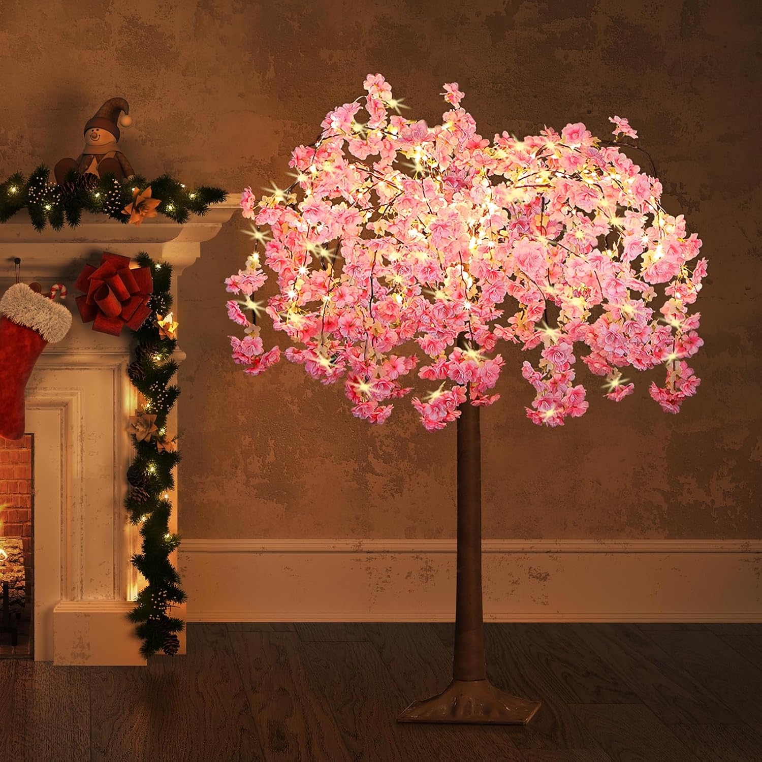 OUSHENG Lighted Cherry Blossom Tree LED Artificial Trees for Decoration Inside, Light up Fake Plant with Faux Flower for Home Wedding Party Festival Christmas Indoor Decor, Pink, 4FT