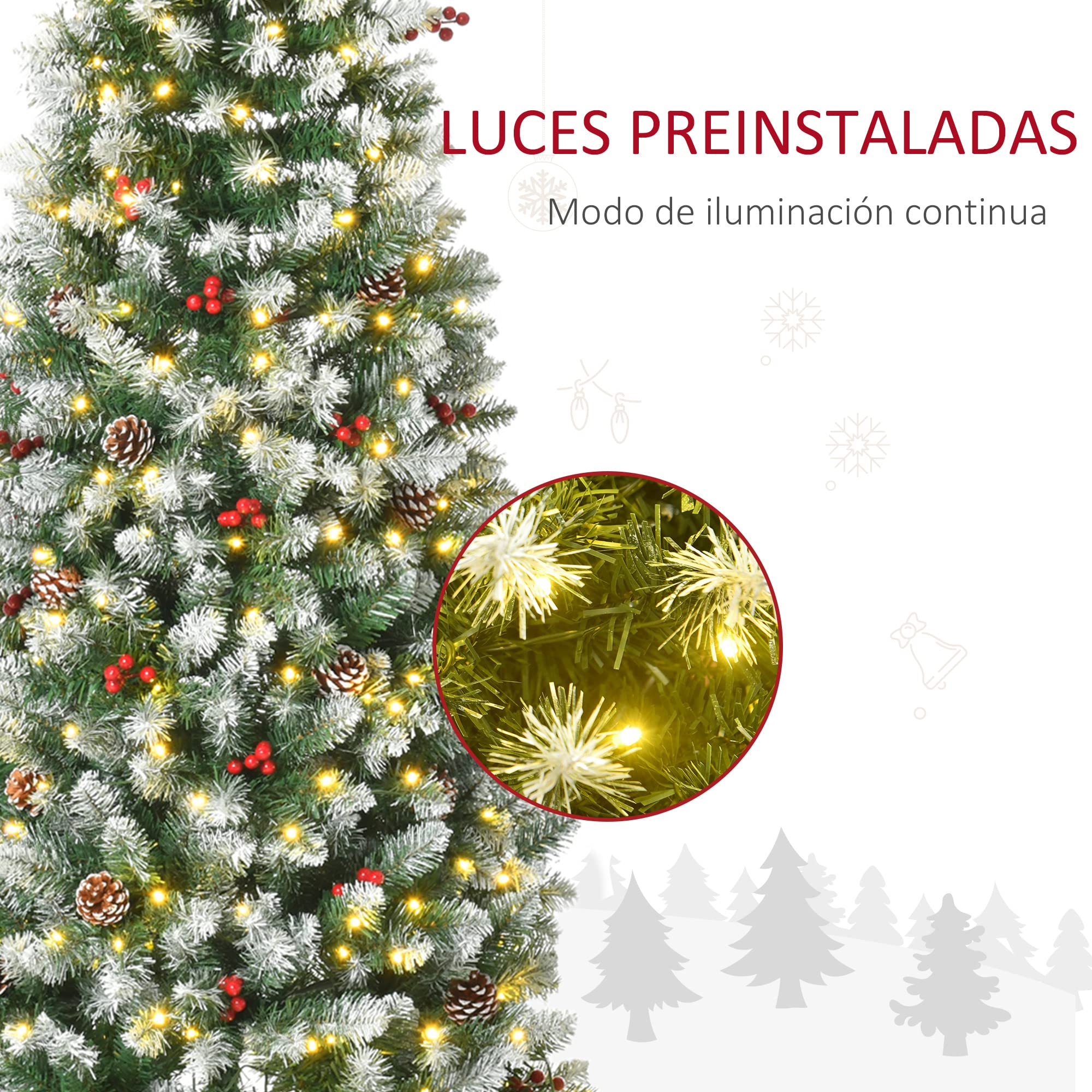 HOMCOM Árbol de Navidad Nevado Artificial 180 cm con 300 Luces LED Verde | Árbol de Navidad, Blanco Cálido, 618 Ramas Ignífugas de Plástico, Decoraciones Incluidas, Base Plegable, Ø65x180 cm