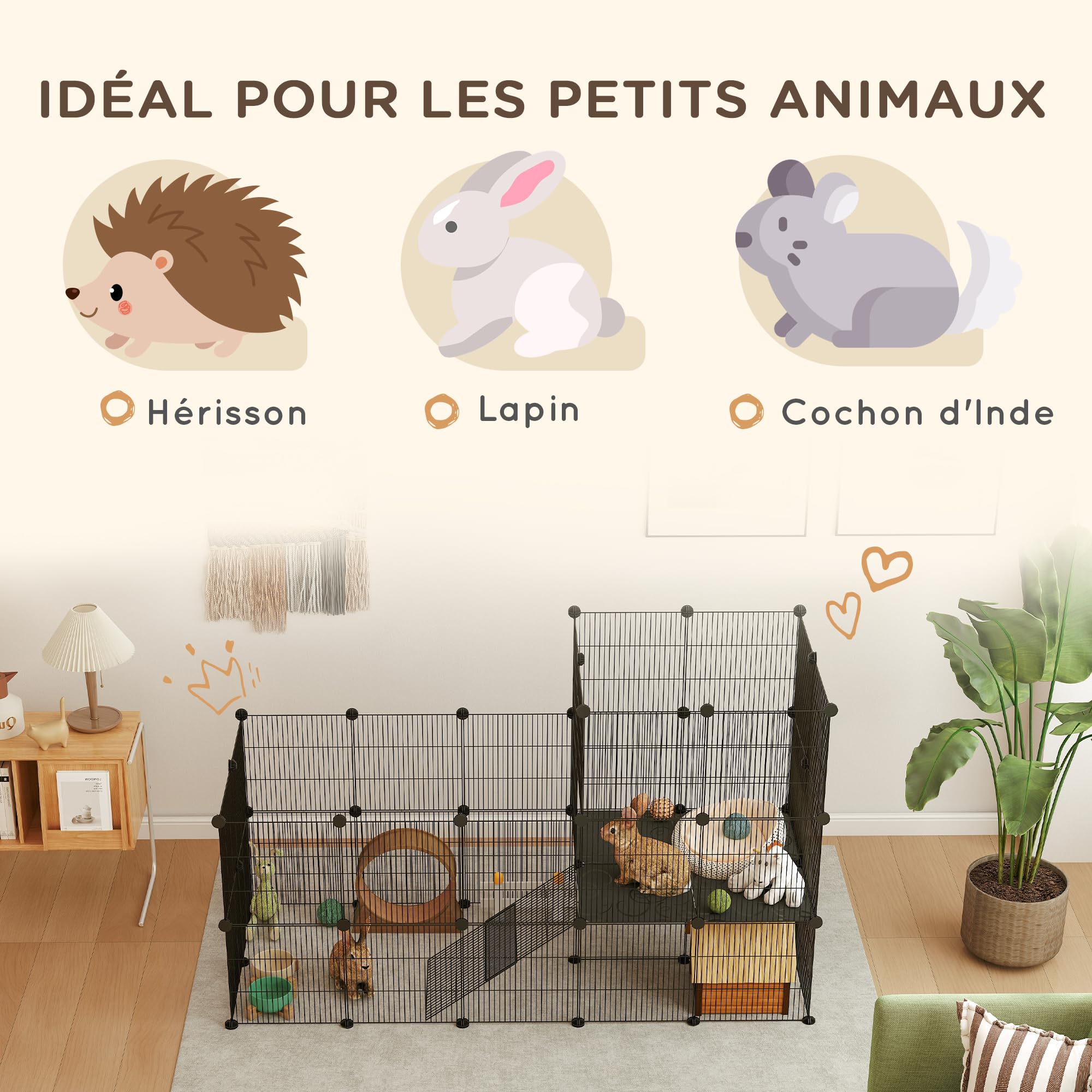 PawHut Enclos pour Petits Animaux, Cage à Lapin modulable 2 Niveaux, 39 Panneaux avec Rampe, Parc clôture pour Animaux domestiques intérieur pour cochons d'Inde, Lapins, hérissons, en Acier, Noir