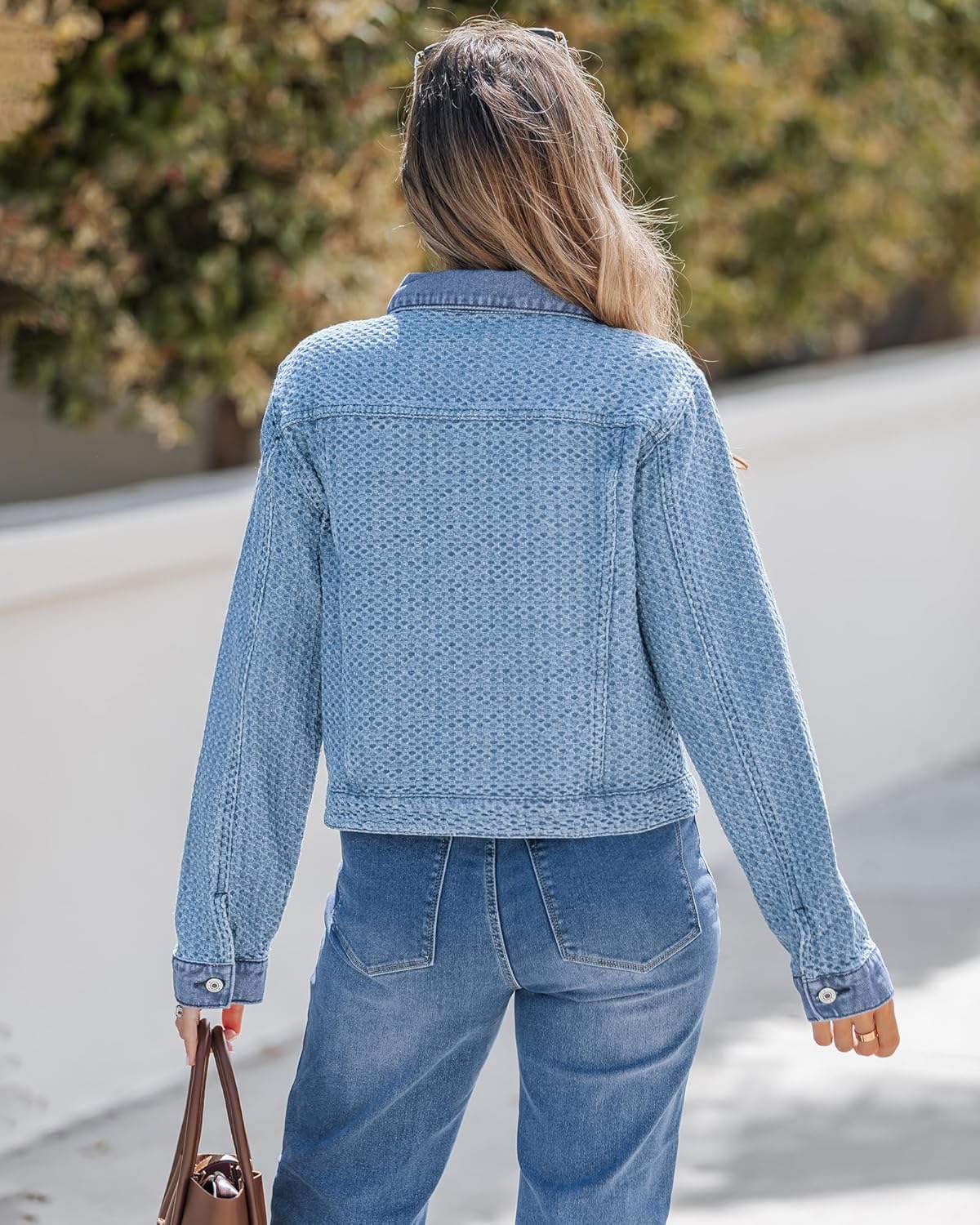 luvamia Jean Jacket Women Trendy Texture Distressed Button Down Long Sleeves Casual Trucker Denim Jackets with Pockets - Image 4