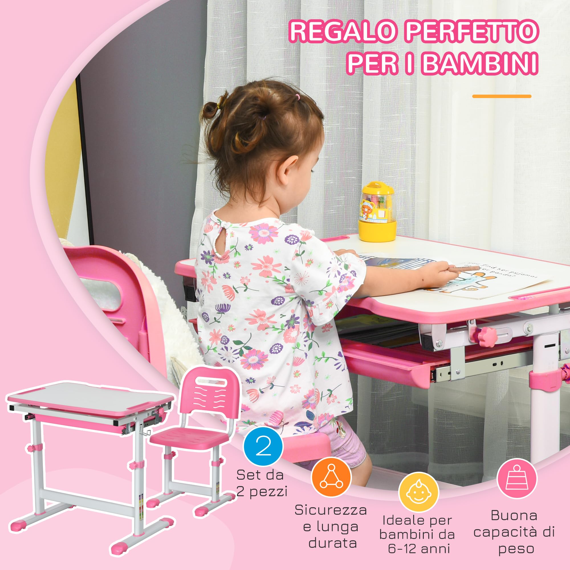 HOMCOM Banco Scuola per Bambini 6-12 Anni Regolabili in Altezza, Set Scrivania e Sedia per Bambini con Piano Inclinabile 45°, Cassetto, 2 Portapenne e Gancio, Rosa