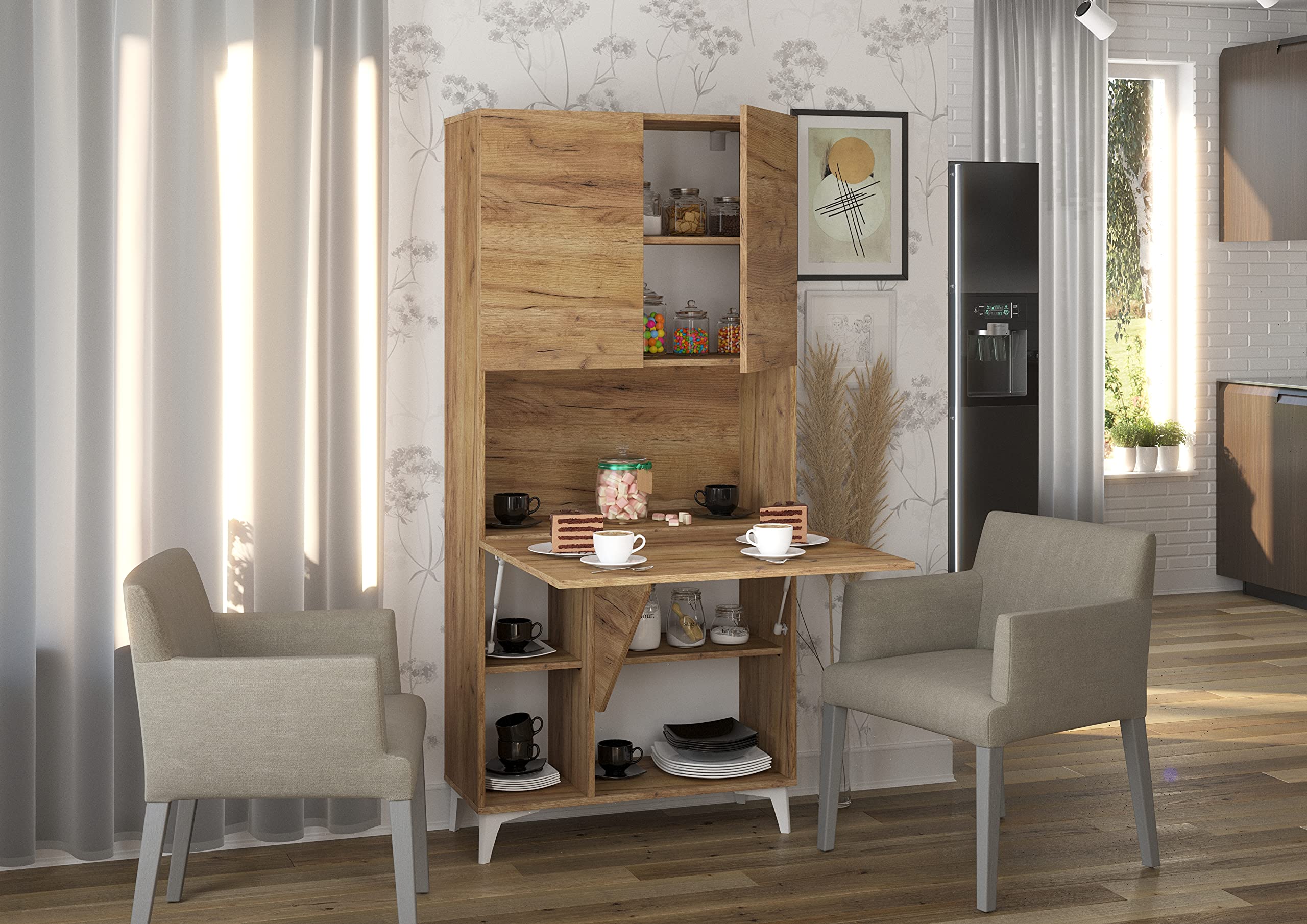 BIM Furniture Megan - Escritorio plegable (1 estante, oficina doméstica, mesa de pared, ordenador portátil, mesa plegable (artesanía dorada)