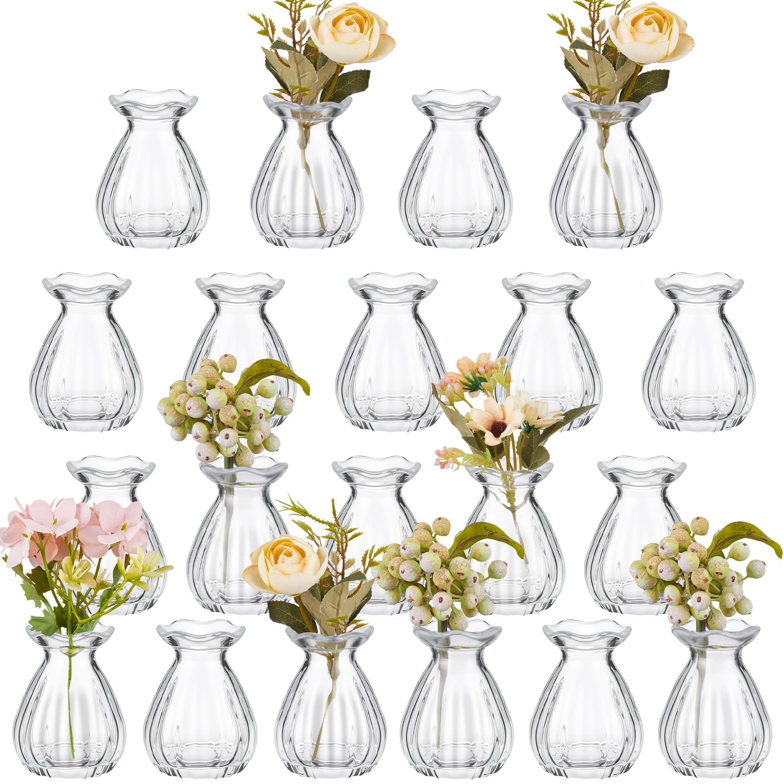 20 pieces glass bud vases for centerpieces bulk 3.5 inch mini flower bouquets vases small cute crystal ribbed glass bud in bulk for wedding baby bridal shower table party home decor (clear)