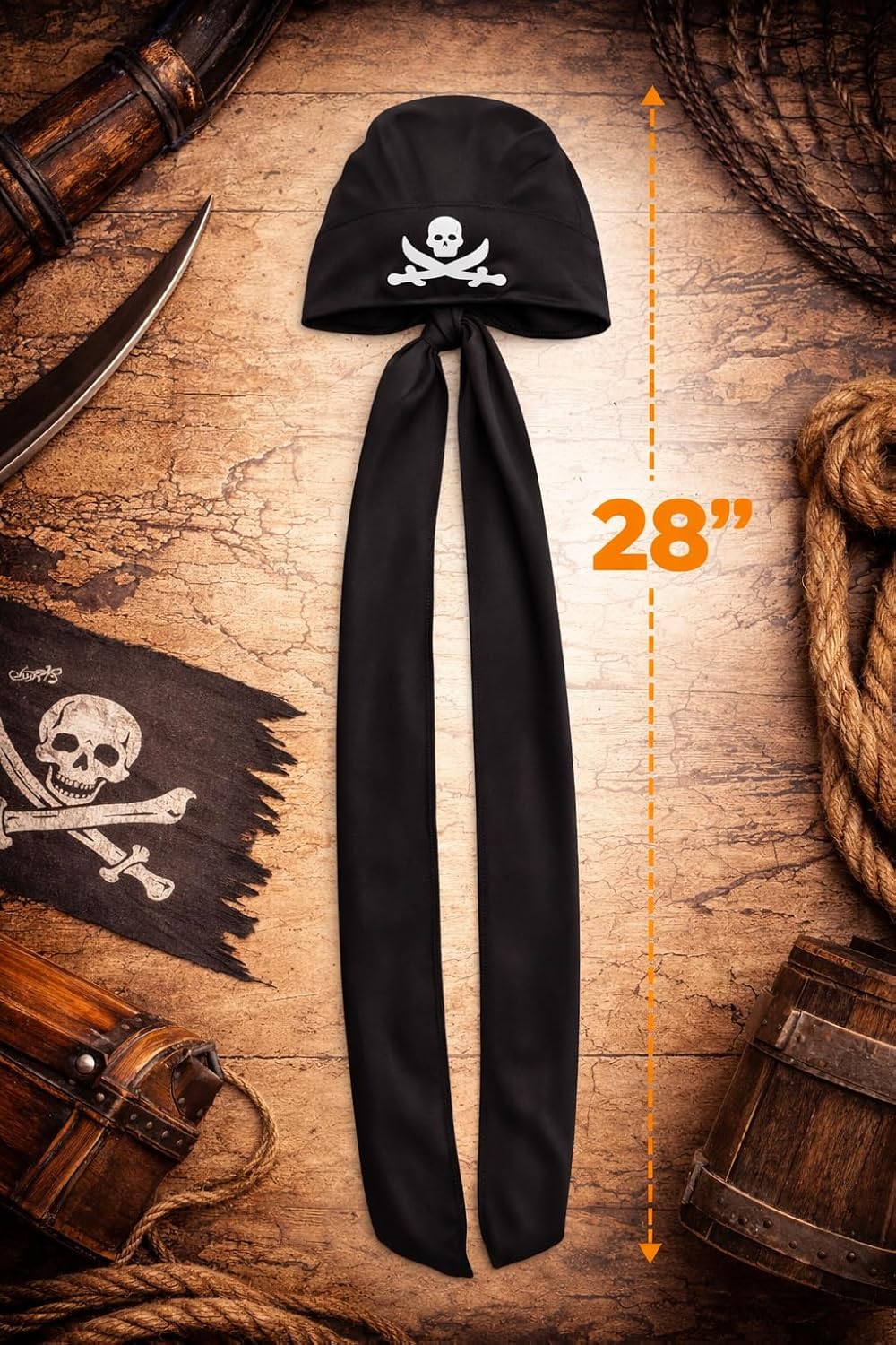 Pirate Bandana | Pirate Headwrap Hat | Buccaneer Head Scarf | Pirates Headwear | Buccaneer Head Tie | Skull Cap | Pirates Costume Accessories | Buccaneers Costume Accessory | Black | Stretch Fit | 28"