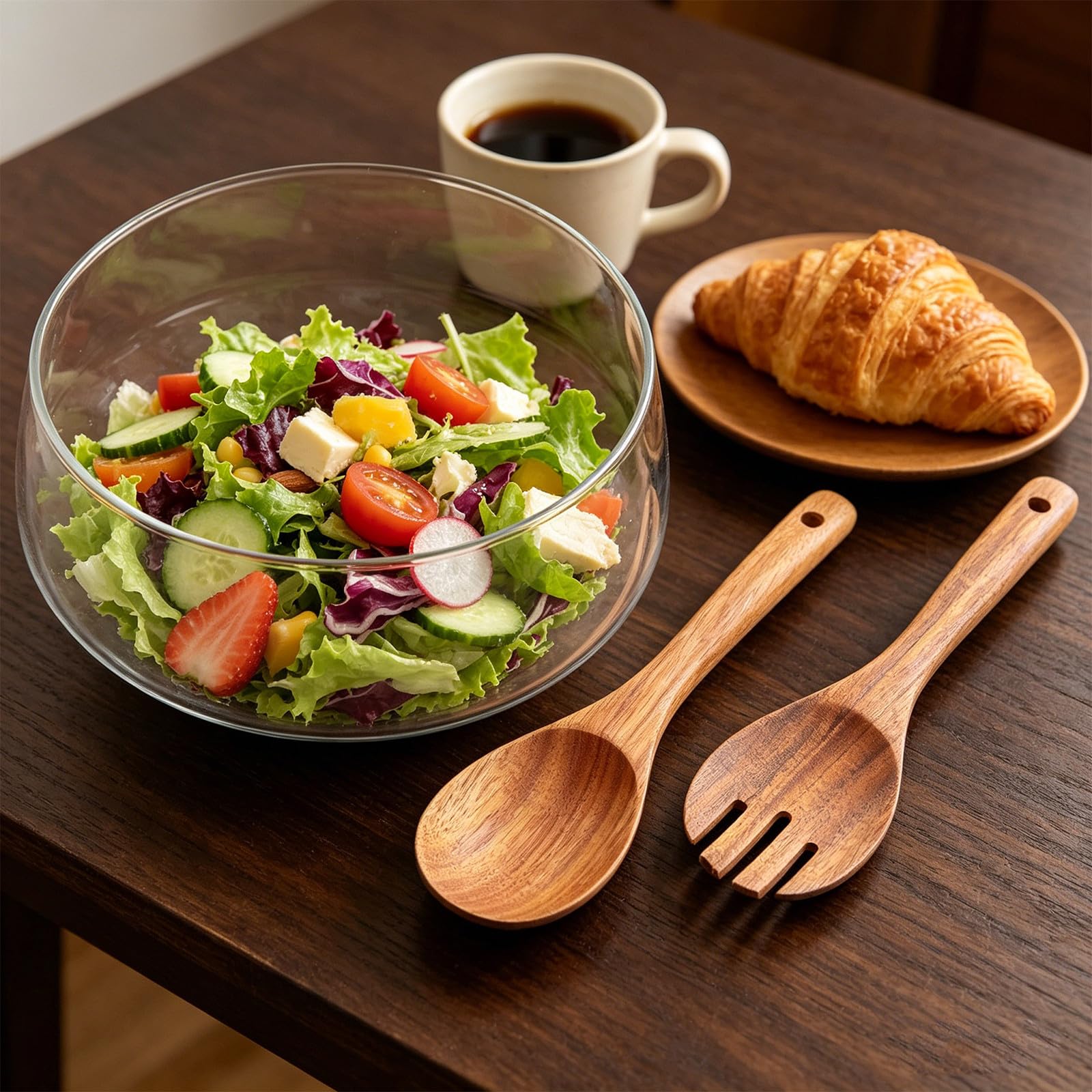 Bol de Ensalada de Vidrio con Base de Madera de Acacia Redondo para Presentación Clara y Protección contra Condensación, Adecuado para Cocinas Compactas y Fiestas