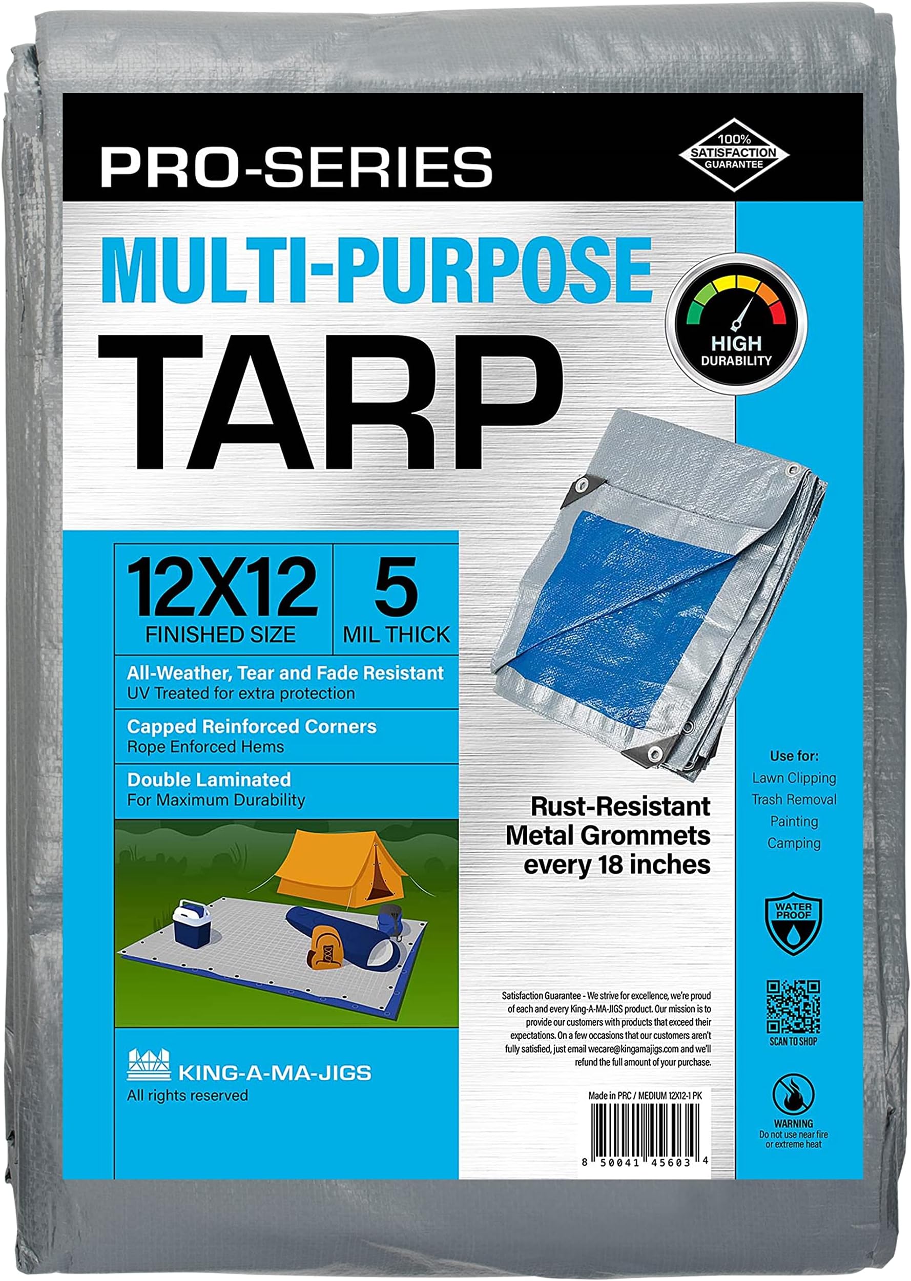 KING-A-MA-JIGS 12x12 Ft Tarp, Waterproof Plastic Poly 5.5 Mil Thick Tarpaulin with Metal Grommets Every 18in - Emergency Rain Shelter, Outdoor Cover and Camping Use - (Reversible, Blue and Silver)
