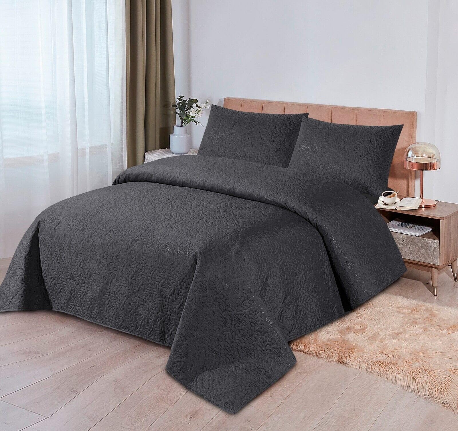 Premium Quality, Quilted Pinsonic Stitching Bedspread/Throw 100% Virgin Polyester Filling, bedding with matching Fitted Sheet Warm and Cosy Throw (Charcoal, King Bedspread + Fitted Sheet)