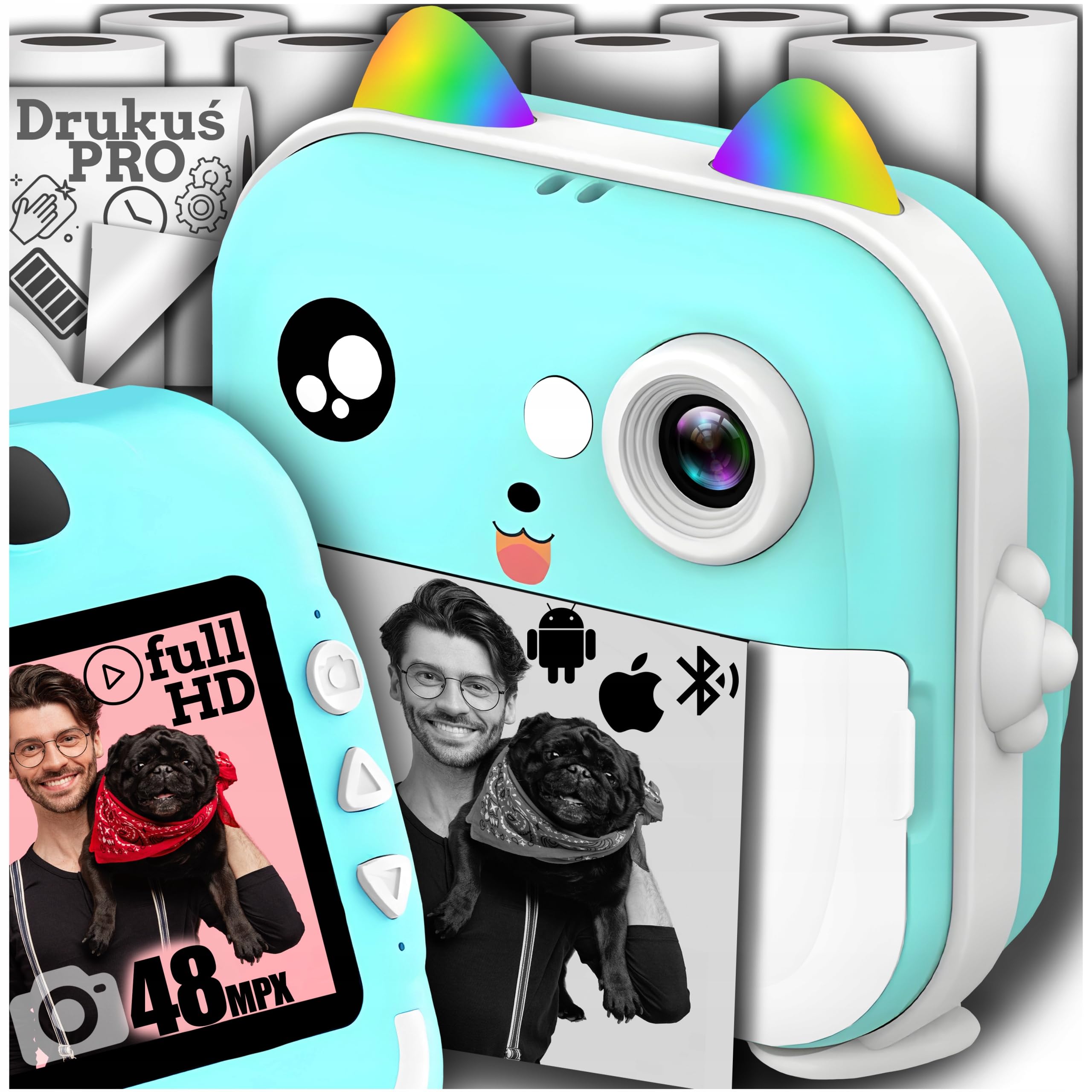 DRUKUŚ PRO MINI NIEBIESKI DRUKARKA TERMICZNA APARAT NATYCHMIASTOWY + 10 ROLEK GRATIS TERMICZNA DRUKARKA FOTOGRAFICZNA, ETYKIETY, NOTATKI, PAPIER PARAGONOWY, Z ROLKAMI PAPIERU DO SMARTFONA