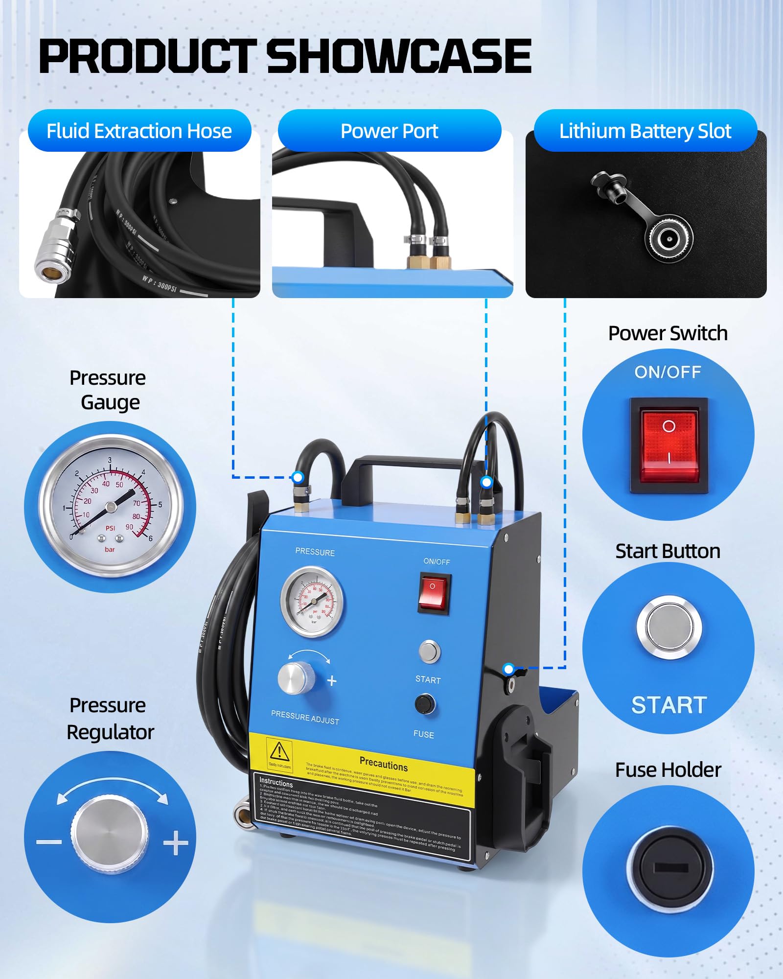 Dispositivo di spurgo per freni elettrico, batteria 12 V/24 V/AC 90-240 V, cambio liquido dei freni 0,6-3,0 bar con indicatore di pressione, serbatoio da 1000 ml, tubo da 3,5 m, set universale