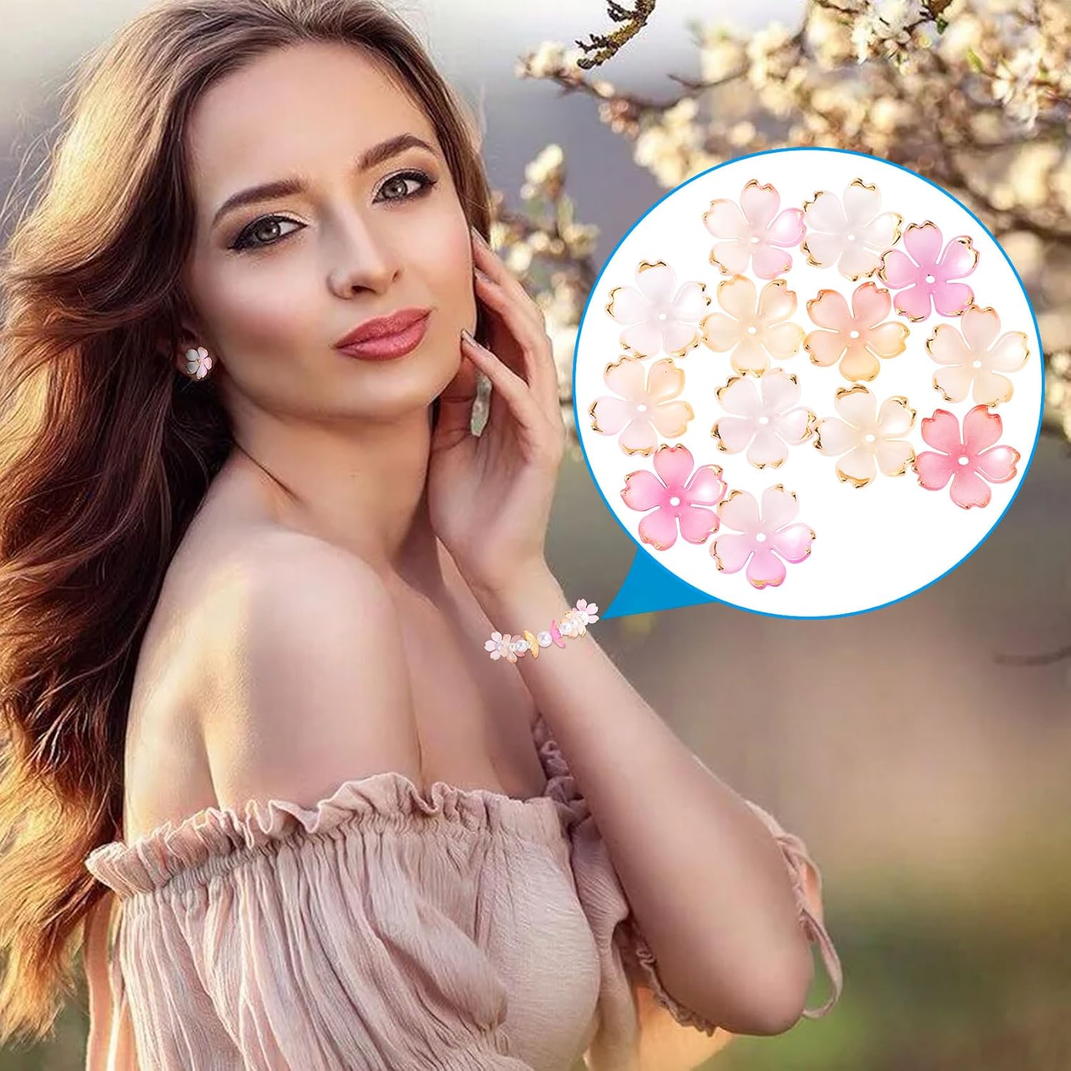 100pcs Cherry Blossom Floral Beads, Pink Gradient 5-Petal Acrylic Flower Charms, Gold-Plated Mini Spacers Beads for Bracelets Necklaces Earrings Jewelry Making - Image 6