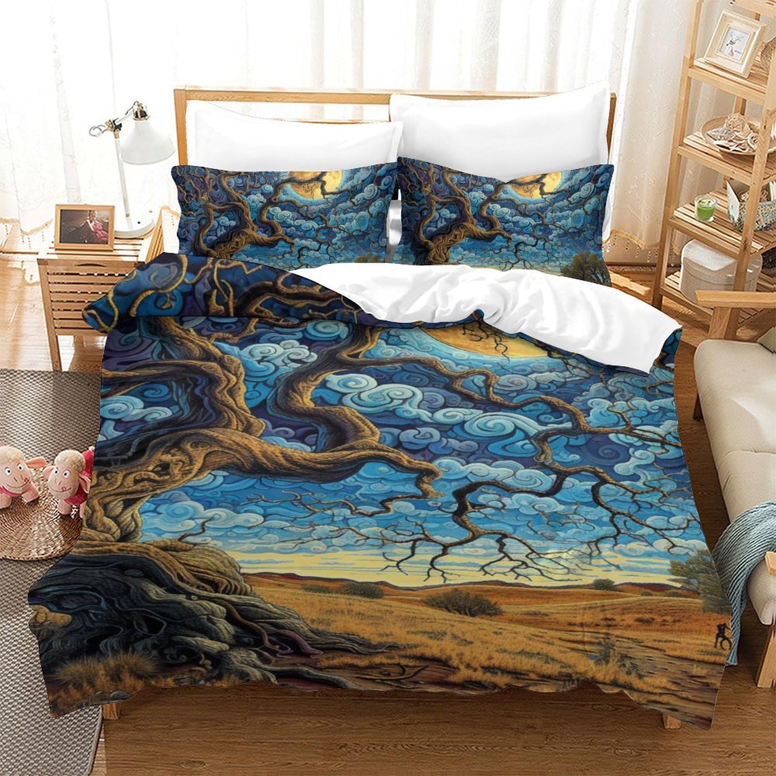Housse de couette Arbre de Vie 140x200 cm avec 2 taies d'oreiller en microfibre pour lit single