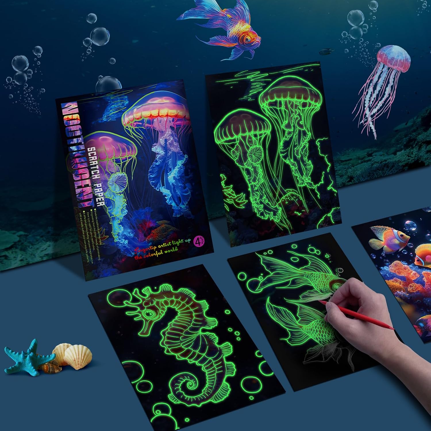 KSIWRE Scratch Art for Adults & Teens,4 Sheets Glow in The Dark Rainbow Scratch Paper,Beautiful Night View Scratch Painting(Seabed World)