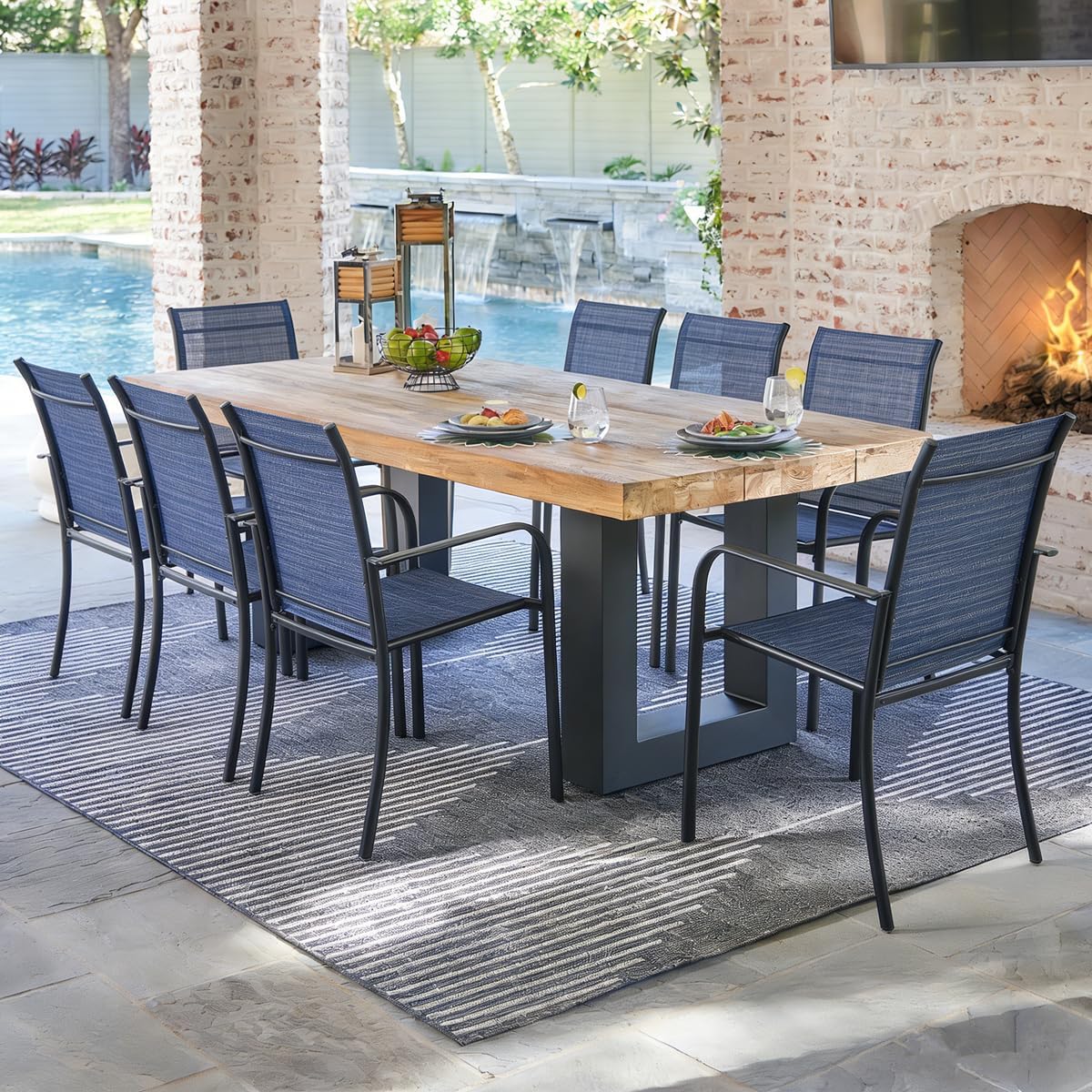 Stackable Patio Chairs Set of 4, Outdoor Dining Chairs with High Back, Lightweight Sling Chair with Metal Frame, All Weather Dining Set for Lawn, Garden, Backyard, Poolside, Dark Blue