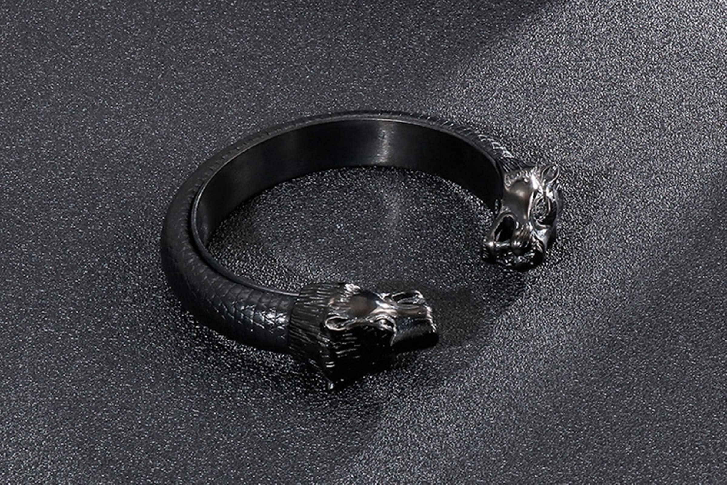 Bracelet en cuir vintage pour homme, bracelet en cuir double tête de loup pour lui et elle, Acier inoxydable
