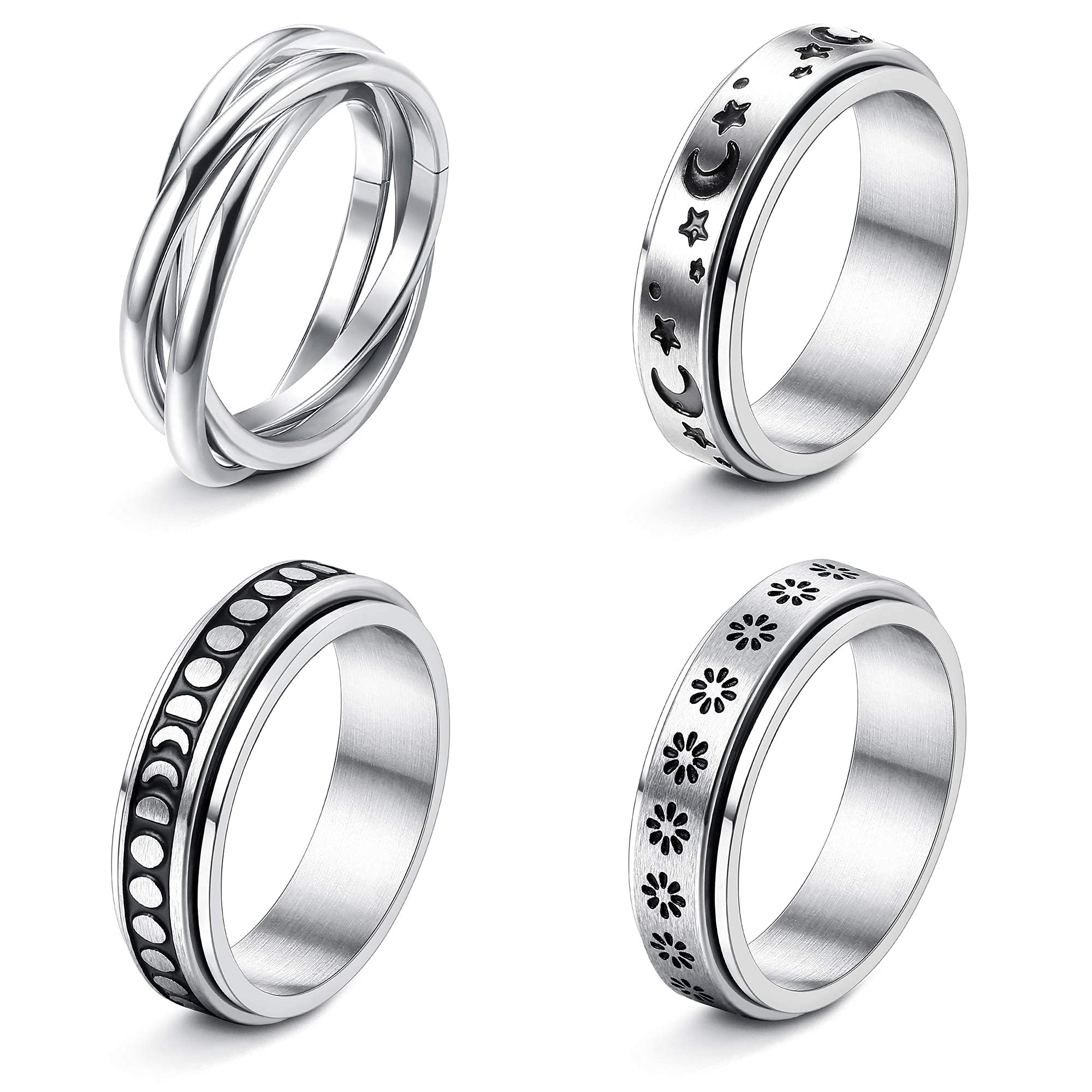 Stainless Steel Spinner Ring for Women Mens Fidget Band Rings Moon Stress Relieving Wide Wedding Promise Rings Set(4 Pcs)