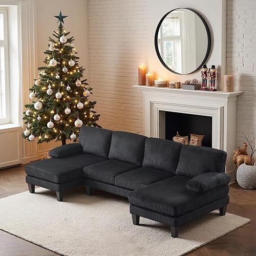 VINGLI 110" Sectional Couches for Living Room,U Shaped Couch with Double Chaise, 4-Seat Sofa Set with Corduroy Fabric for Home Furniture,Black