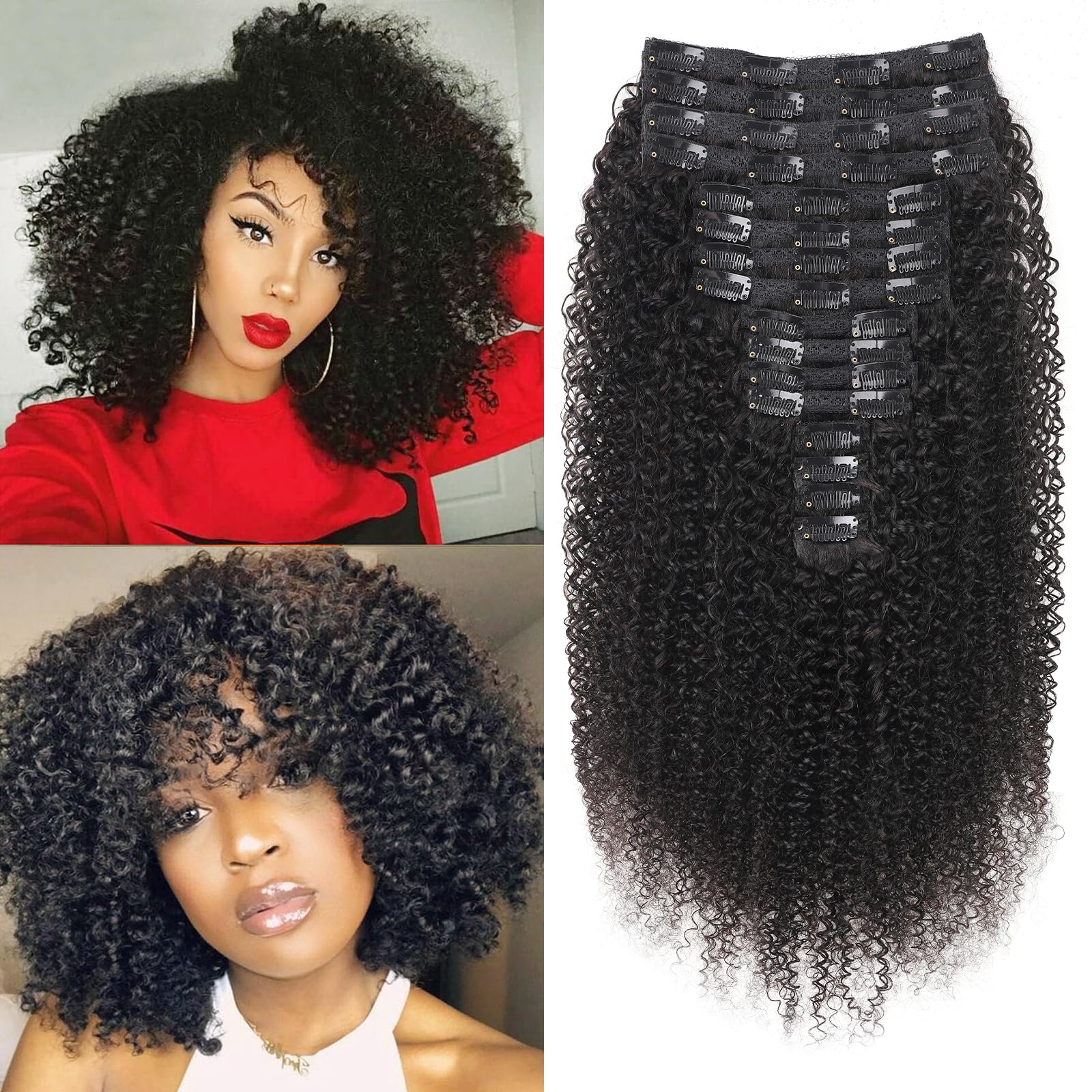 Kinky-Curly Clip in Extensions Echthaar 240g-16pc Invisible Perücke Extensions für Schwarze Frauen - Natürliche Schwarze Human Hair 12inch+14inch