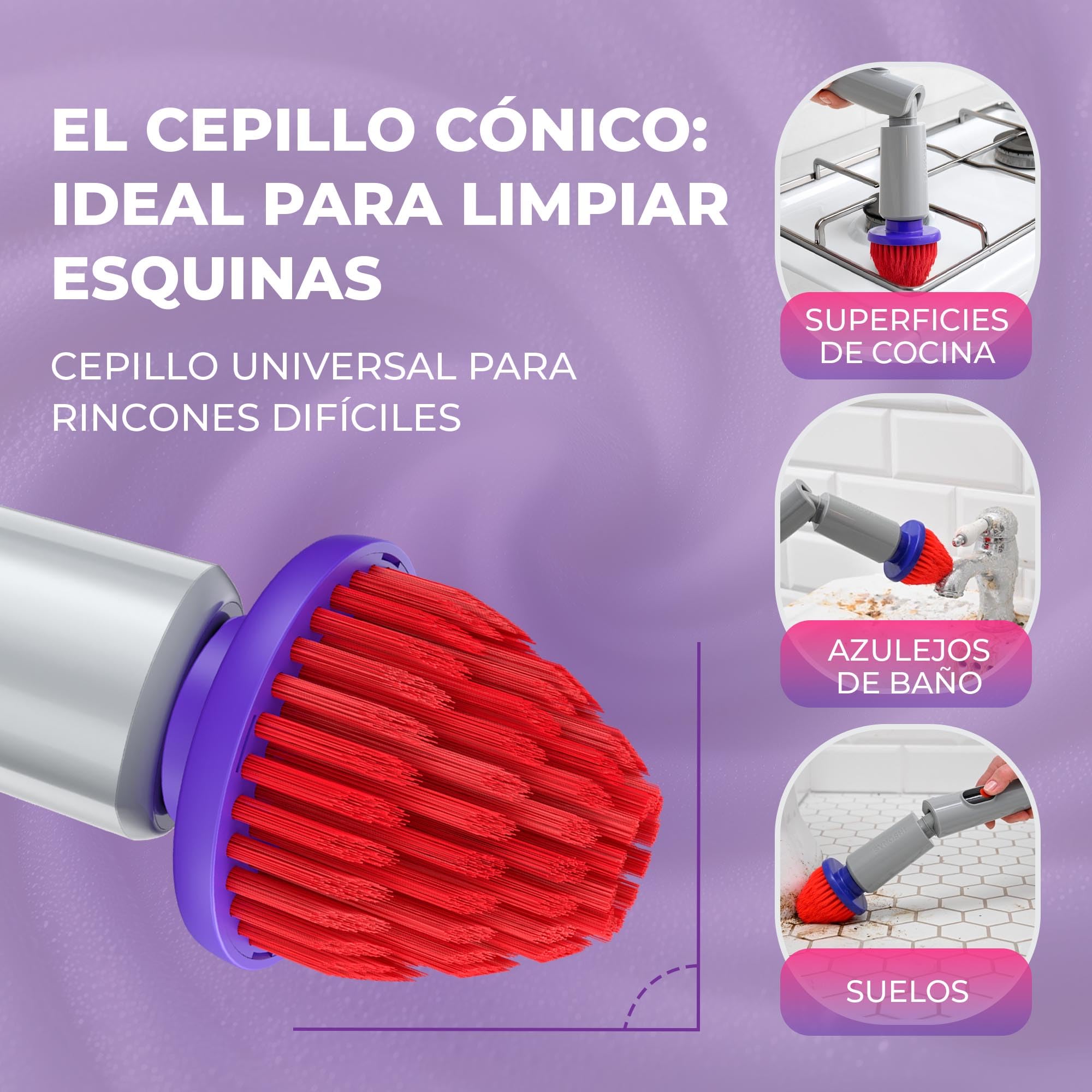 Synoshi Pro Kit Cepillo Eléctrico Giratorio con Accesorios | Incluye cepillo redondo, 2 cepillos cónicos, esponja mágica y mango extensible. Recargable.