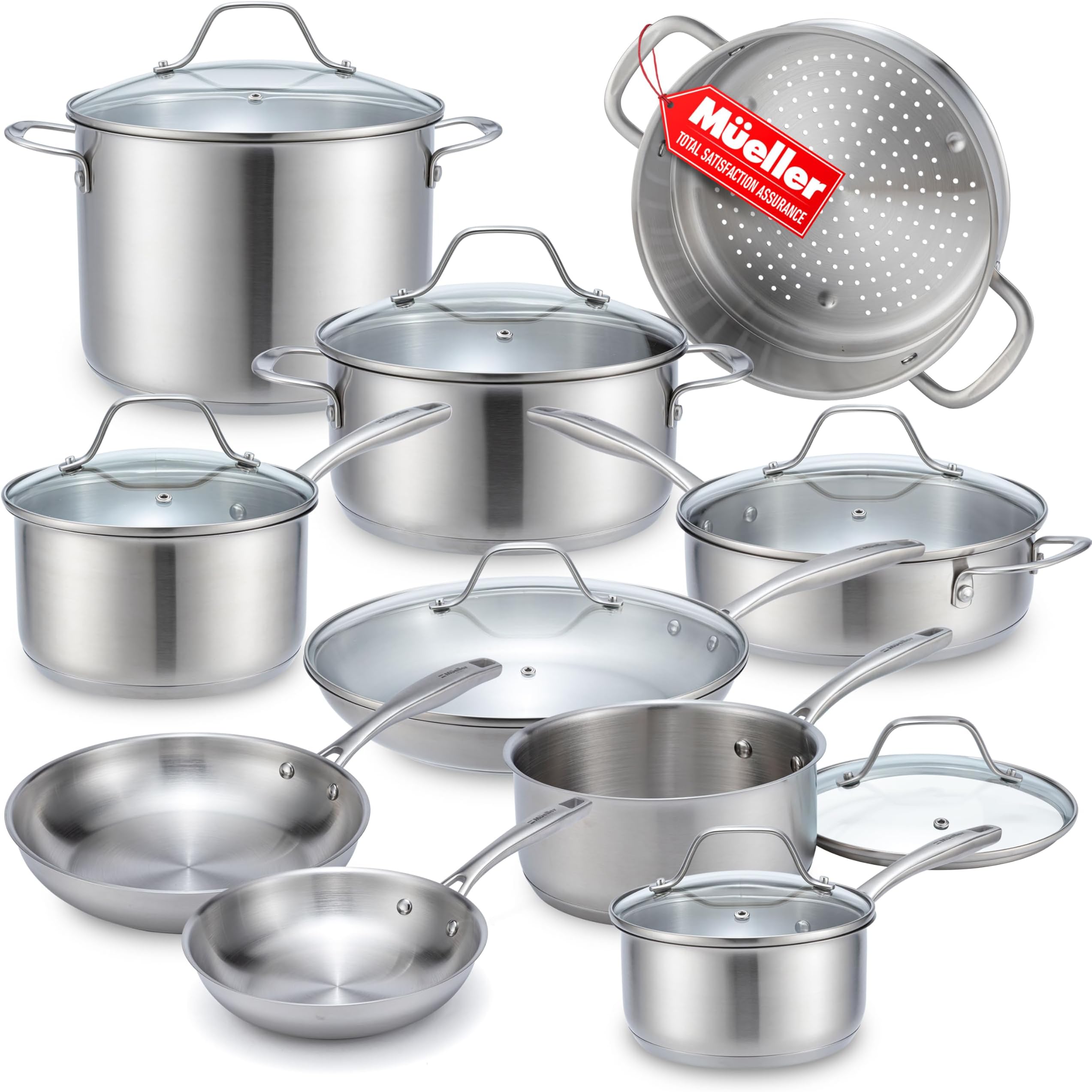 Mueller 17-Piece Stainless Steel Pots and Pans Set – Tri-Ply Ultra-Clad Pro Cookware Set, Induction Ready, Oven Safe, Even-Heat Aluminum Core, Includes Skillets, Saucepans, Dutch Oven, Stockpot