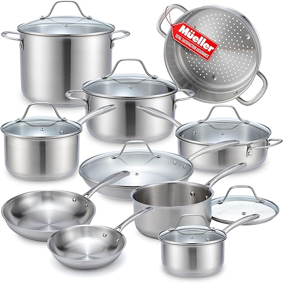 Mueller 17-Piece Stainless Steel Pots and Pans Set Tri-Ply Ultra-Clad Pro Cookware Set, Induction Ready, Oven Safe, Even-Heat Aluminum Core, Includes Skillets, Saucepans, Dutch Oven, Stockpot
