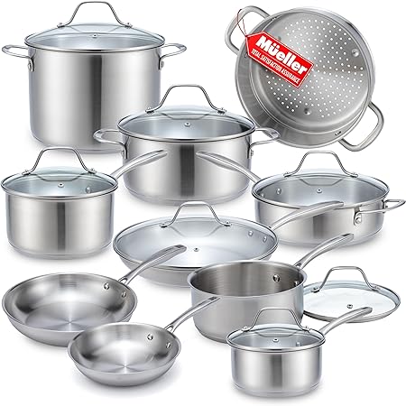 Mueller 17-Piece Stainless Steel Pots and Pans Set – Tri-Ply