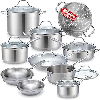 Mueller Pots and Pans Set 17-Piece, Ultra-Clad Pro Stainless Steel Cookware Set, Ergonomic EverCool Handle, Induction Cookware, Includes Saucepans, Skillets, Dutch Oven, Stockpot, Steamer For Cooking