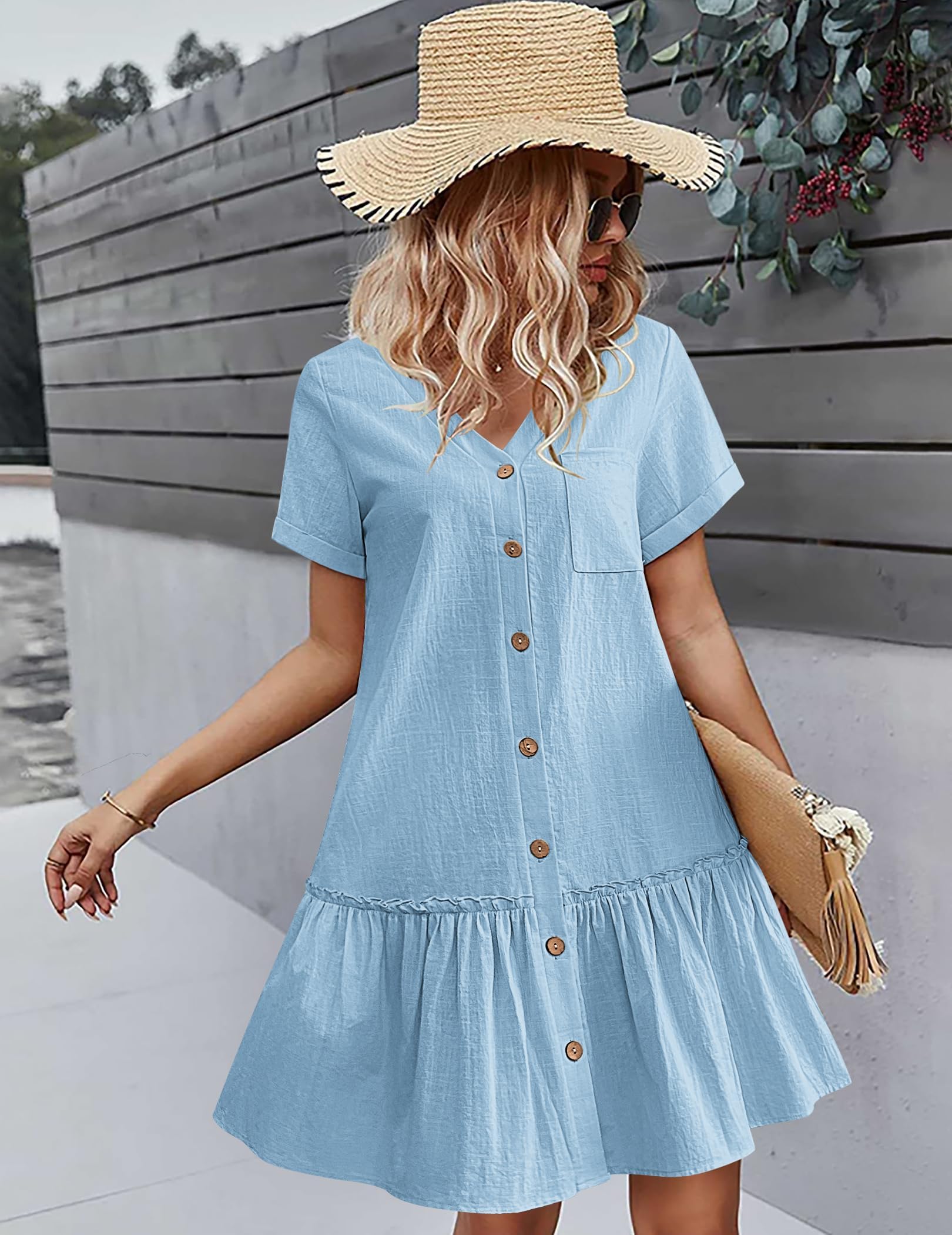 Hotouch Robe d’été Femme Lin Boutonnée Col V Robe de Plage Casual Courte A-Ligne à Volants