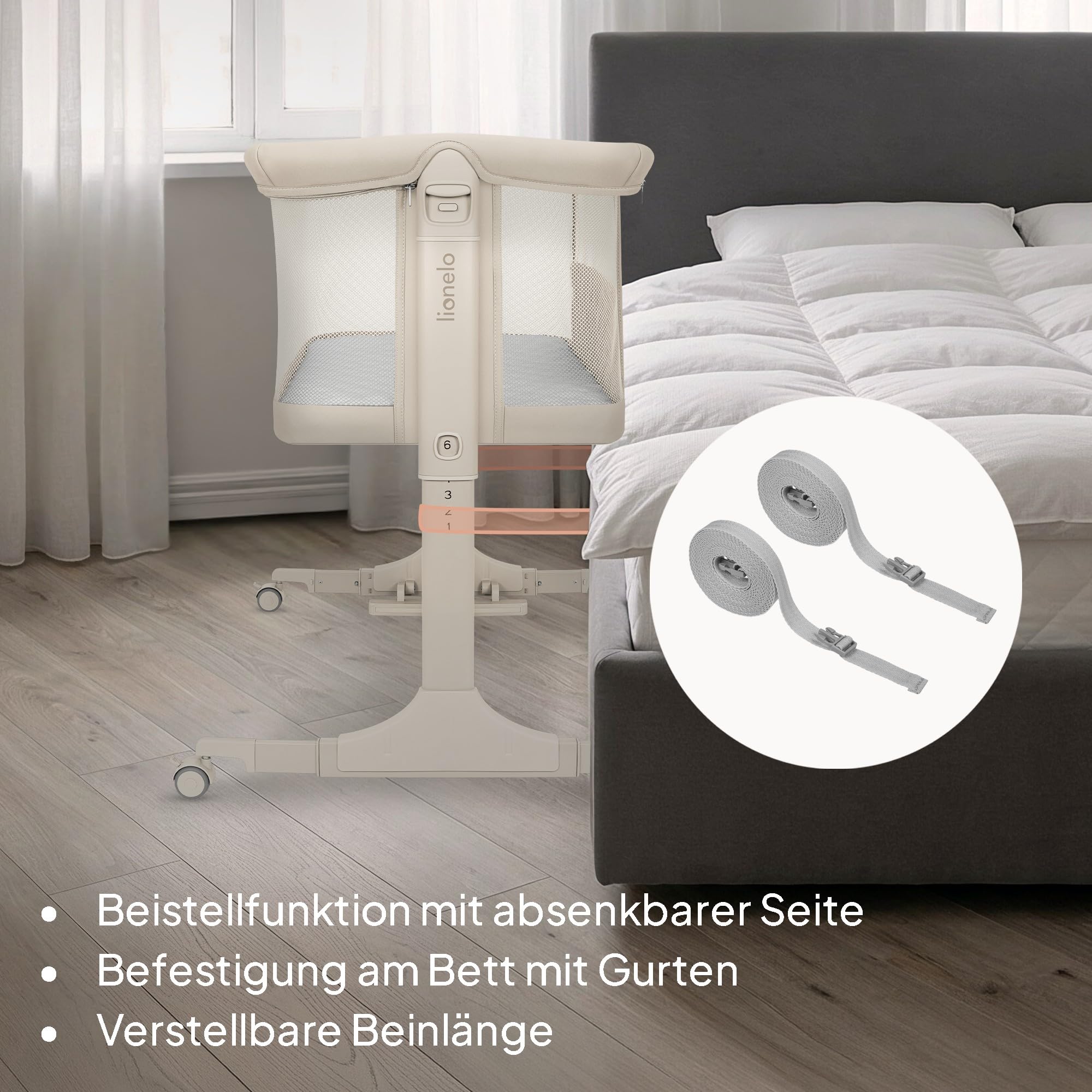 Lionelo Pari Beistellbett 3in1, 6-Fach höhenverstellbar mit Neigungsverstellung für Boxspringbett, als Wiege & Babybett, Netzseiten, Rollen mit Bremse, Matratze, Gurte, Transporttasche, 84 x 48 cm - 4