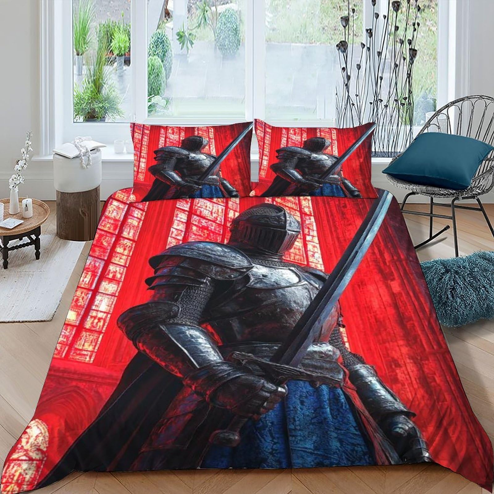 Ensemble literie gothique chevalier rouge 220x240cm avec fermeture éclair pratique microfibre