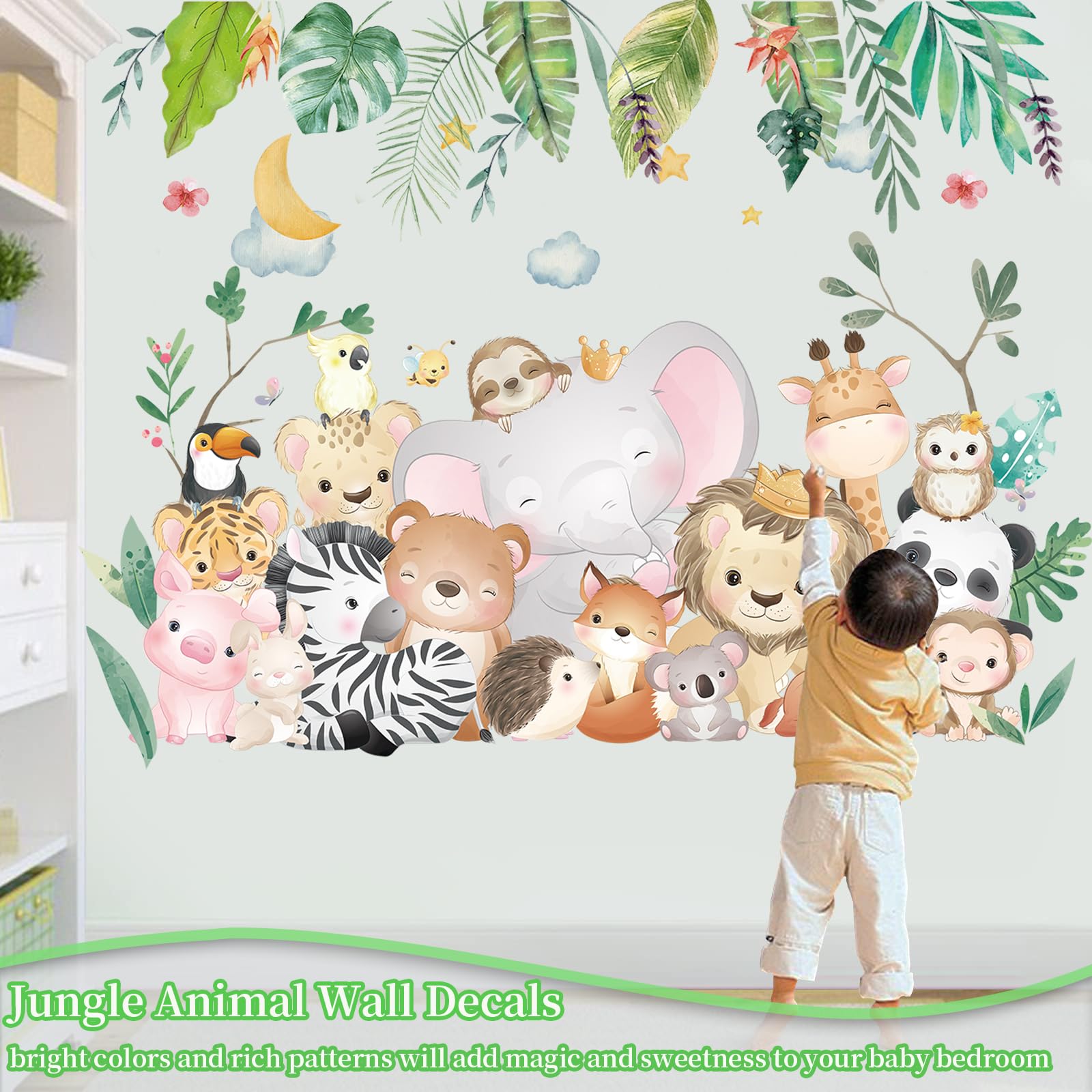 Jungle Animal Wall Decals Stickers - Cute Elephant, Lion, Monkey, Panda For Nursery, Kids Room Decor (Forest Theme)