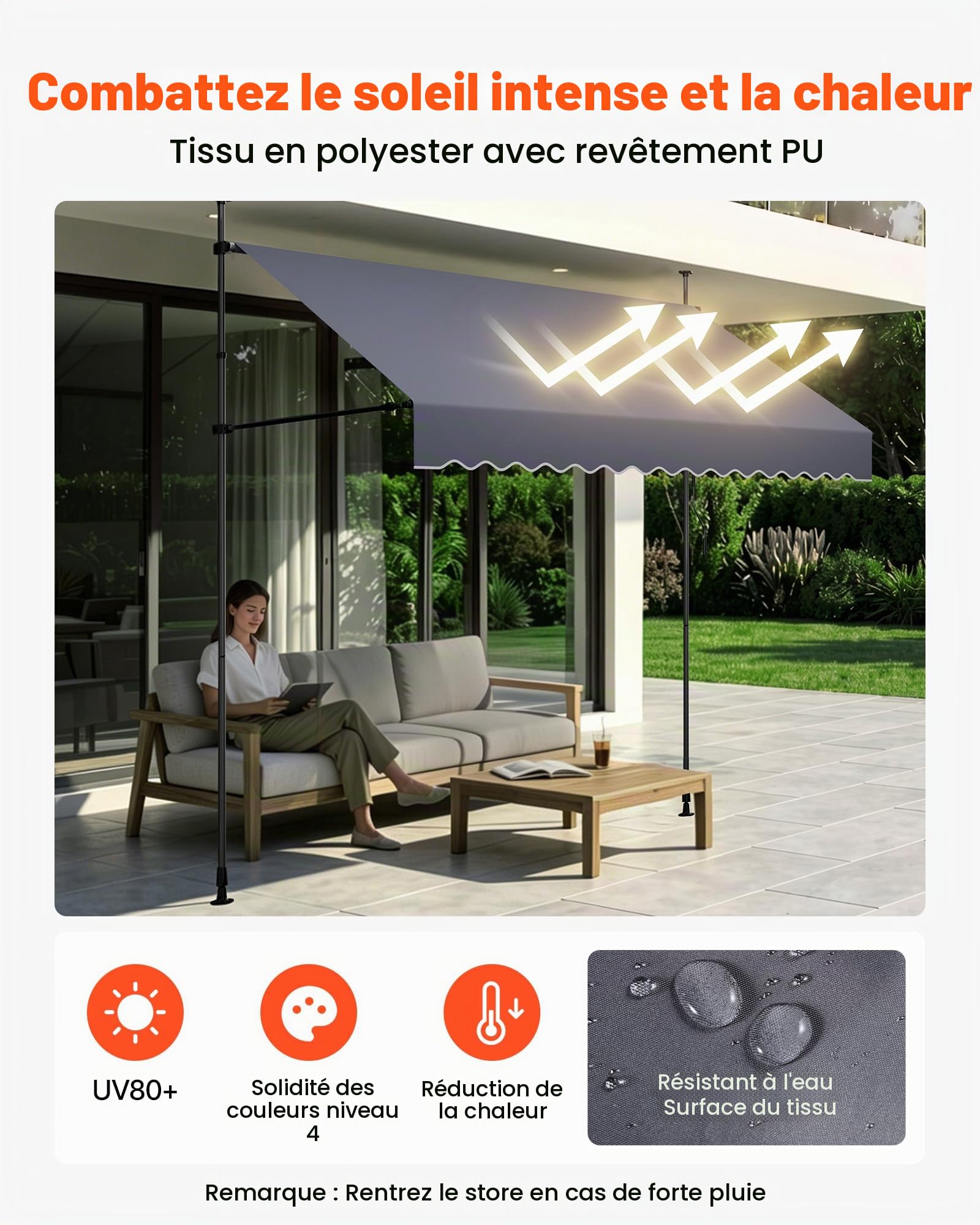 VEVOR Store Banne Manuel sans Perçage Auvent Rétractable 300 cm pour Terrasse et Balcon, avec Manivelle, Hauteur Réglable 210-310 cm, Barres Latérales Réglables 110-150 cm, Angle 0°-90°, Gris Foncé