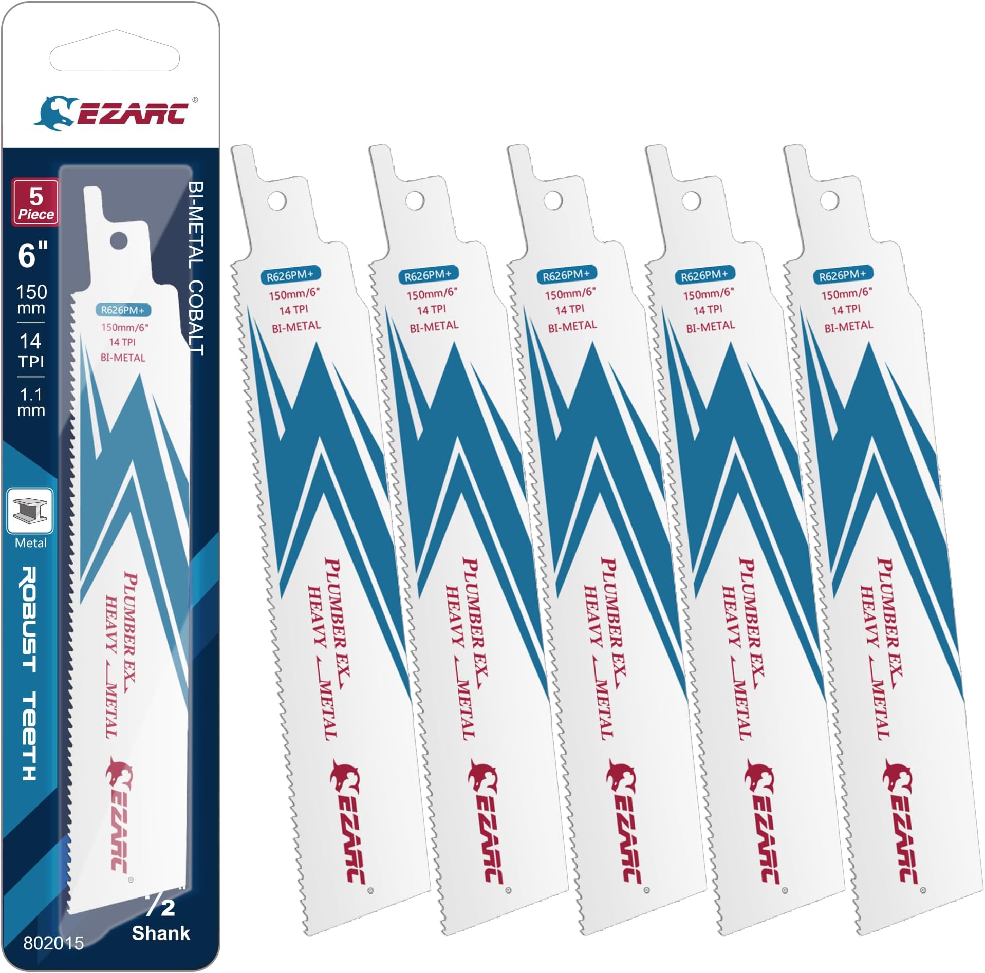 Reciprocating Saw Blade Bi-Metal Cobalt Sabre Saw Blades for Heavy Metal Cutting 6-Inch 14TPI R626PM+ (5-Pack)