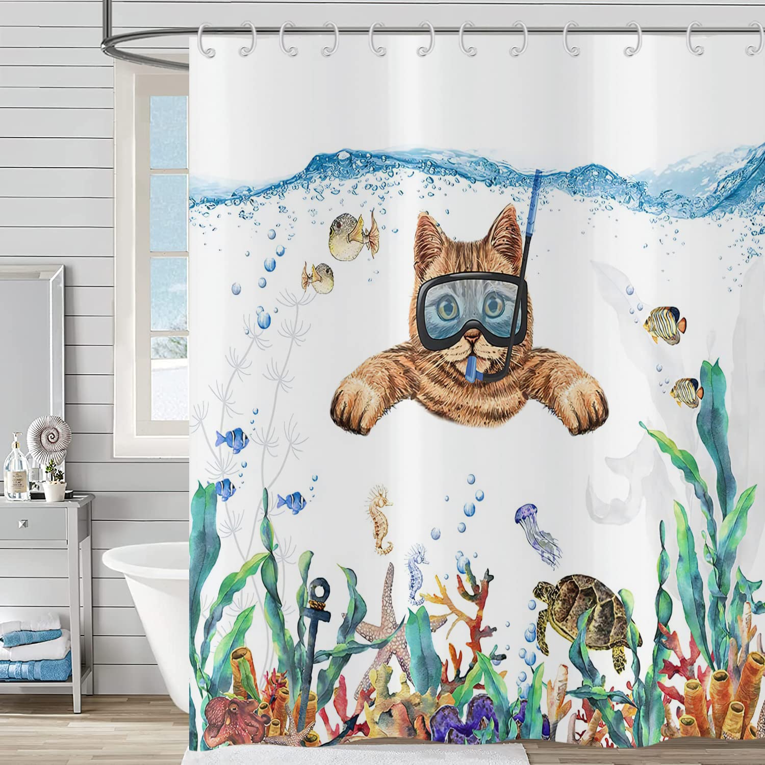 Hnmdmyi Funny Cat Shower Curtain 90x180, Cute Kitten Swimming in Teal Blue Ocean Bathroom Curtains Sea Turtle Tropical Fish Jellyfish Starfish Coral Nautical Kids Waterproof Fabric Bath Curtains — image 1