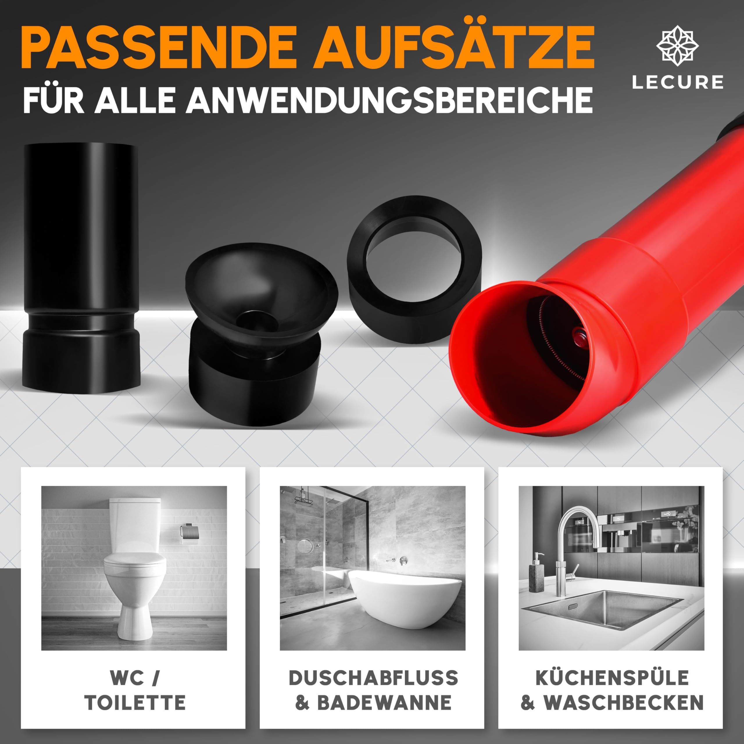 Rohrreinigungspumpe [Inkl. 3x Aufsätze] - Effektive Abflusspumpe für Rohrreinigung inkl. Handschuhen und 3 Abfluss-Adaptern für Dusche, Toilette, Spüle & Co.